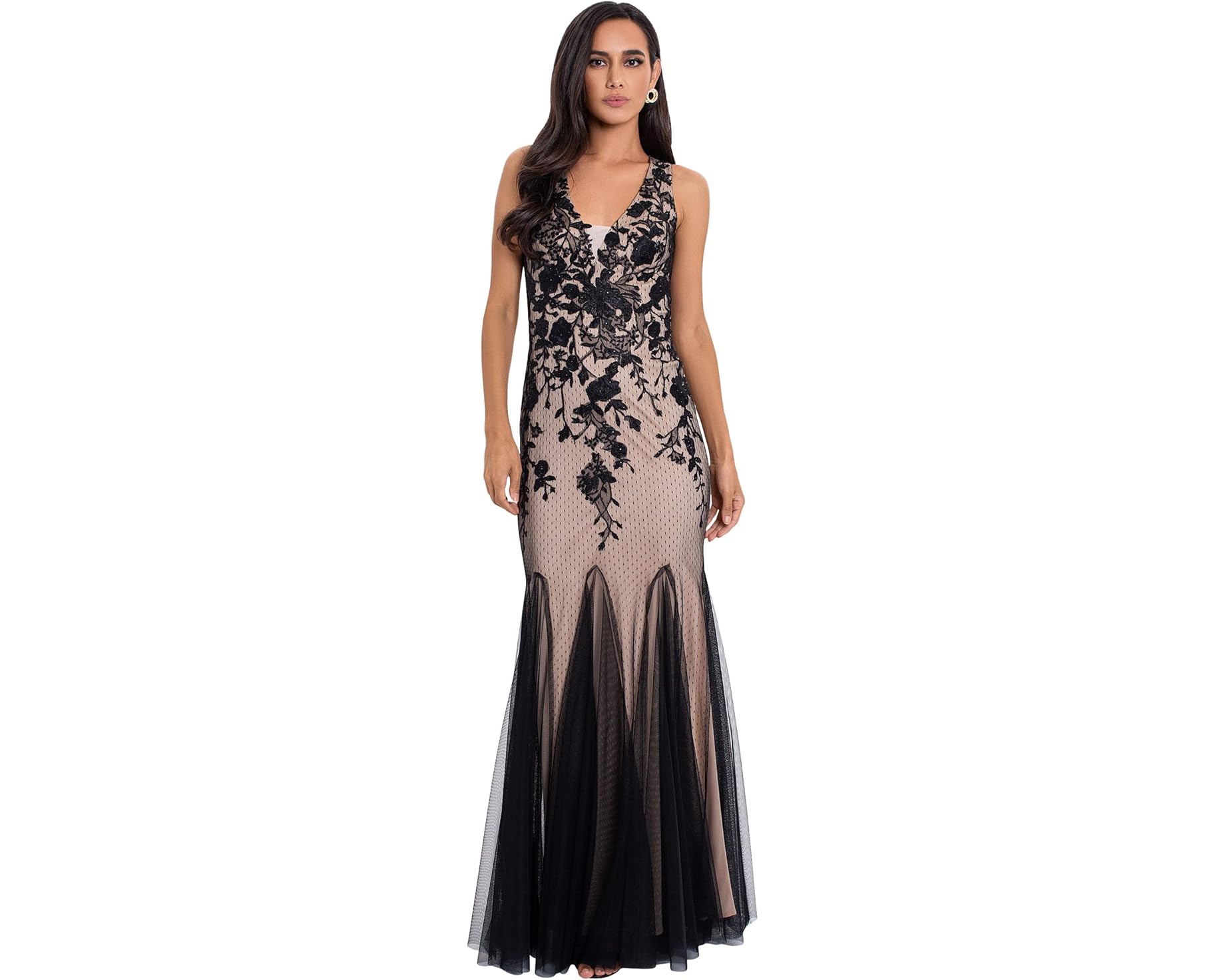 Betsy & Adam Long V-Neck Embroidered Gown