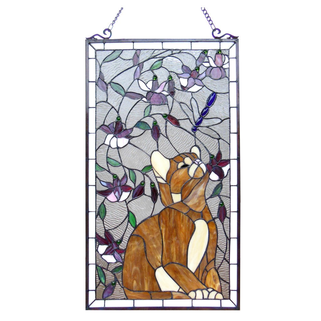 Chloe Tiffany Style Cat and Dragonfly Design Window Panel