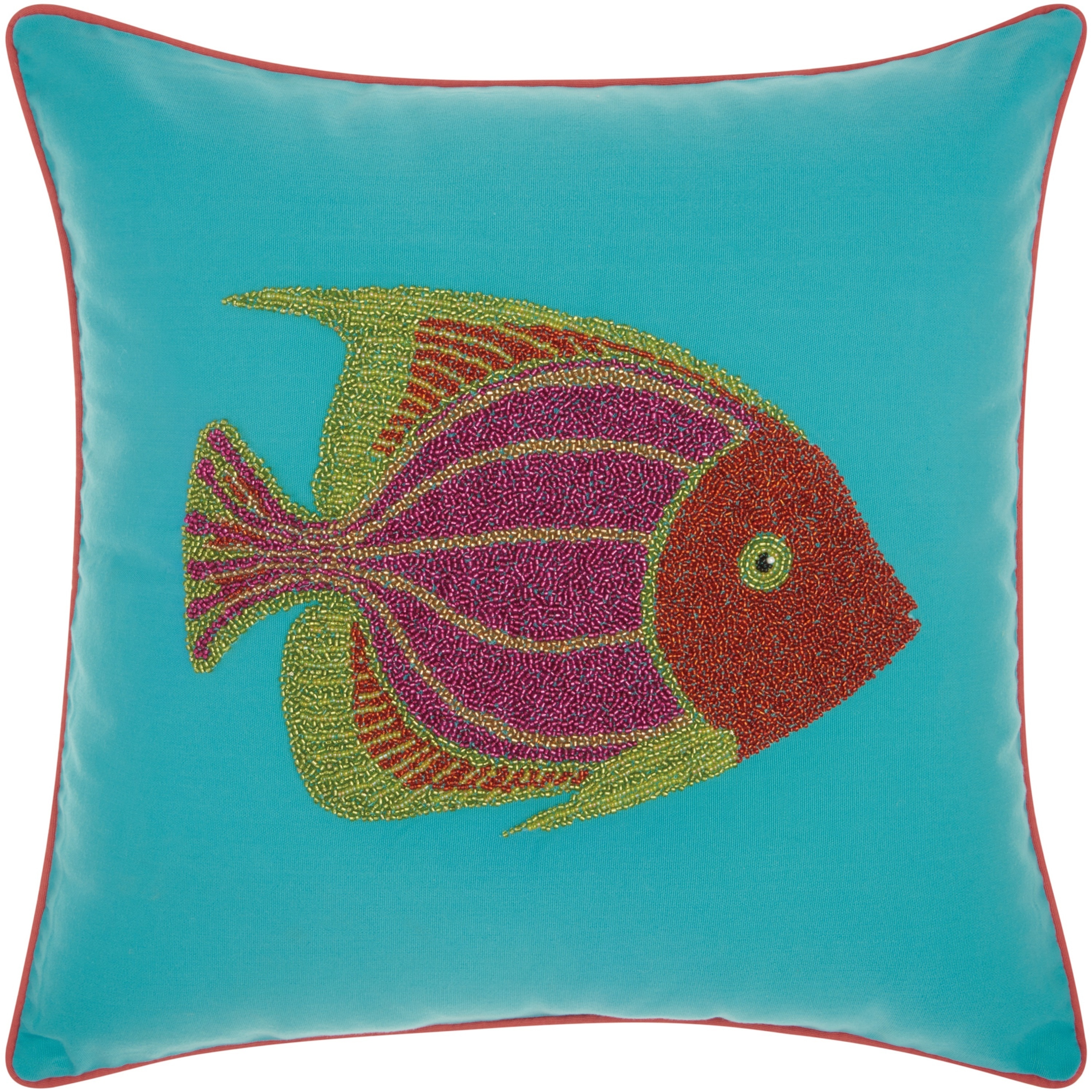 Mina Victory Indoor/ Outdoor Beaded Fish Turquoise/ Coral Throw Pillow by Nourison (18-Inch X 18-Inch)