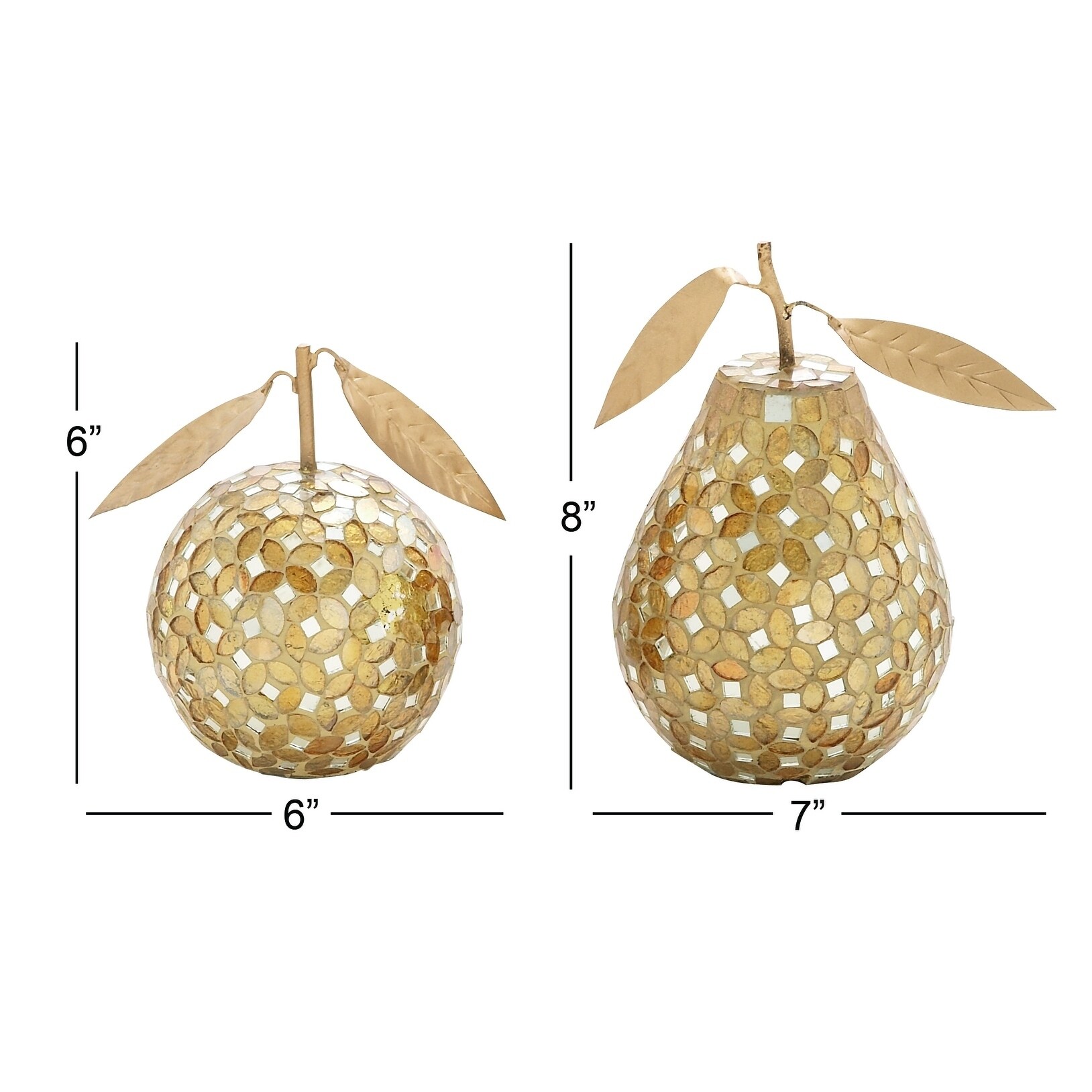 Gold Metal Decorative Fruit Sculpture with Mosaic Details (Set of 2) - 7 x 5.5 x 8 and 6 x 5 x 6