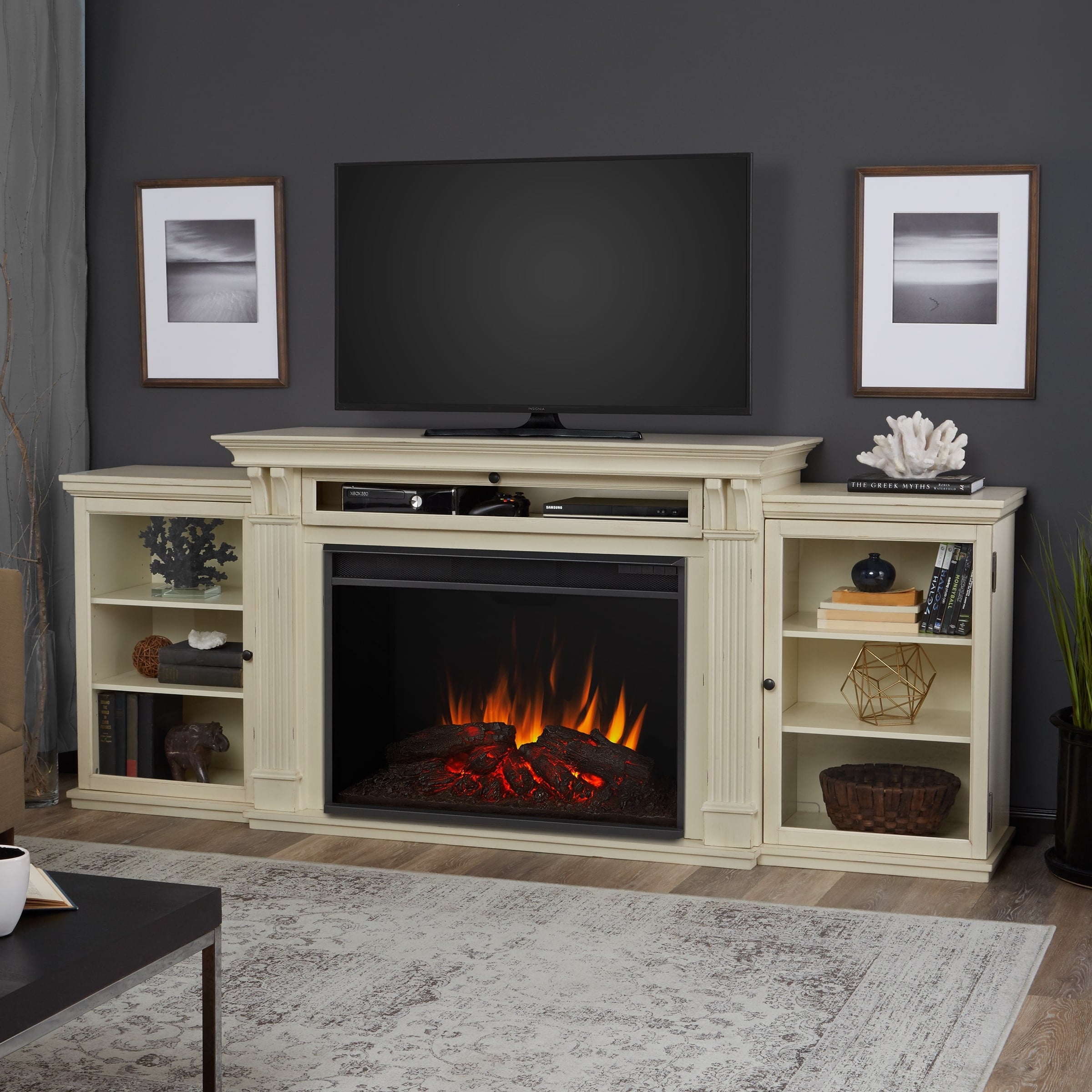 Tracey 84" TV Stand Electric Fireplace in Distressed White by Real Flame