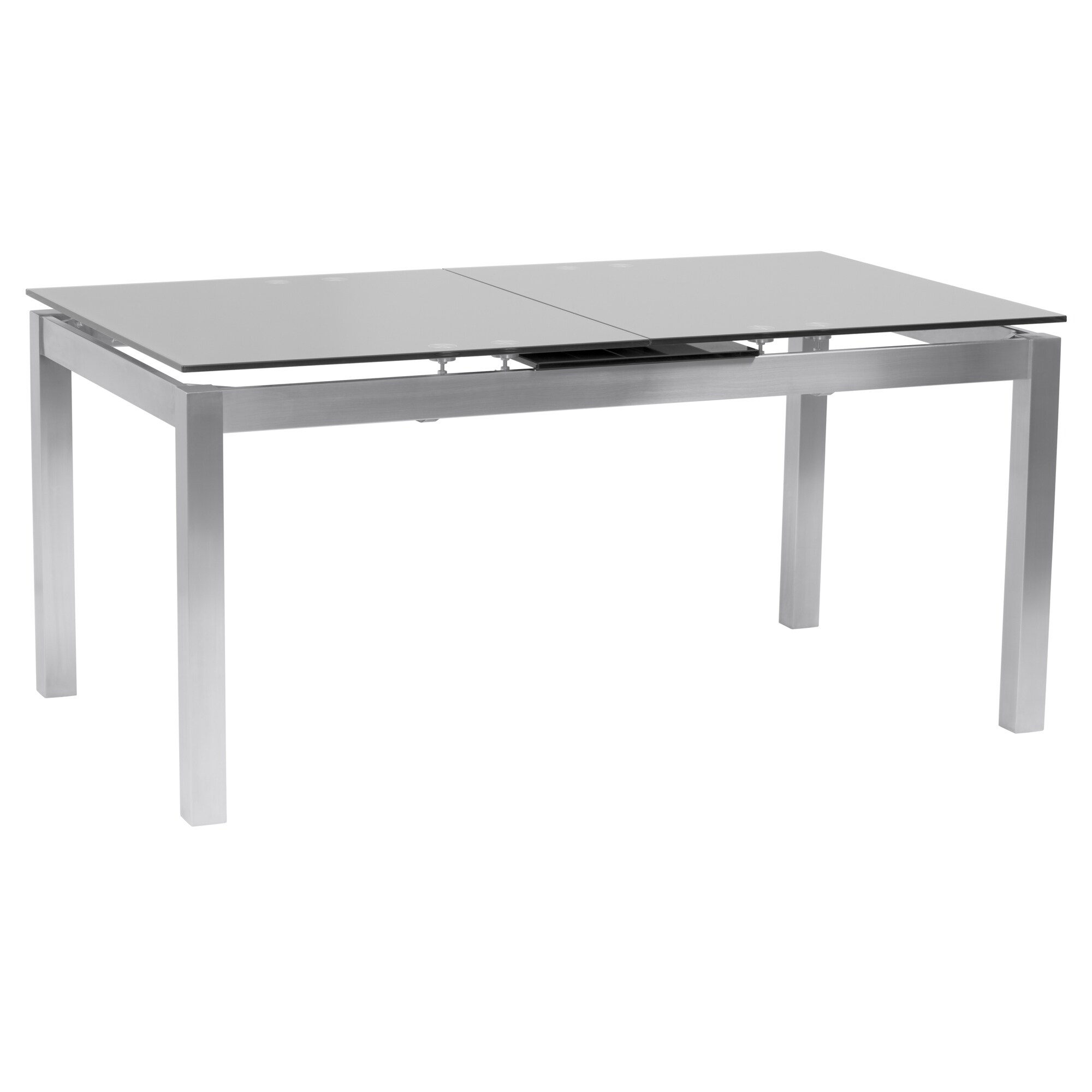 Ivan Brushed Stainless Steel and Gray Tempered Glass Top Extendable Dining Table