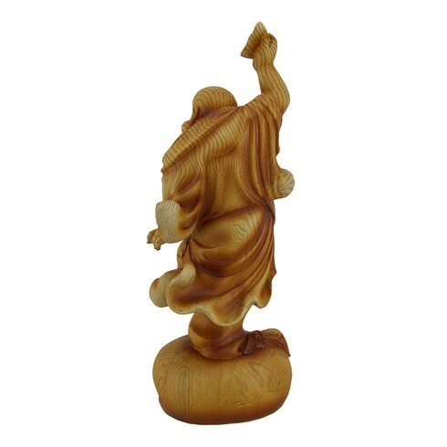 Happy Buddha Dancing On Wealth Bag Holding Bowl Wood Look Statue - 11.5 X 4.25 X 3.5 inches