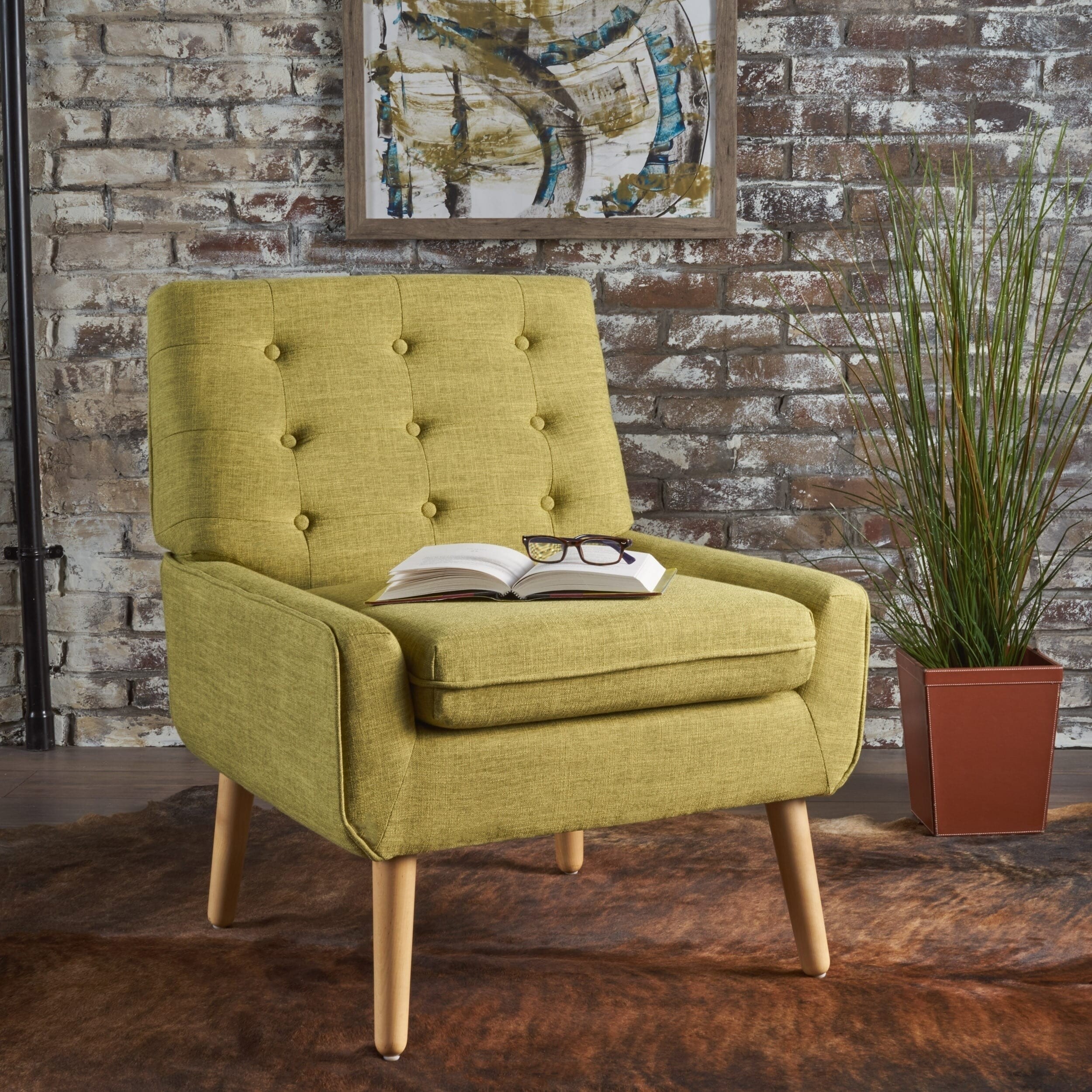 Eilidh Mid-Century Modern Button Tufted Fabric Chair by Christopher Knight Home - Yellow