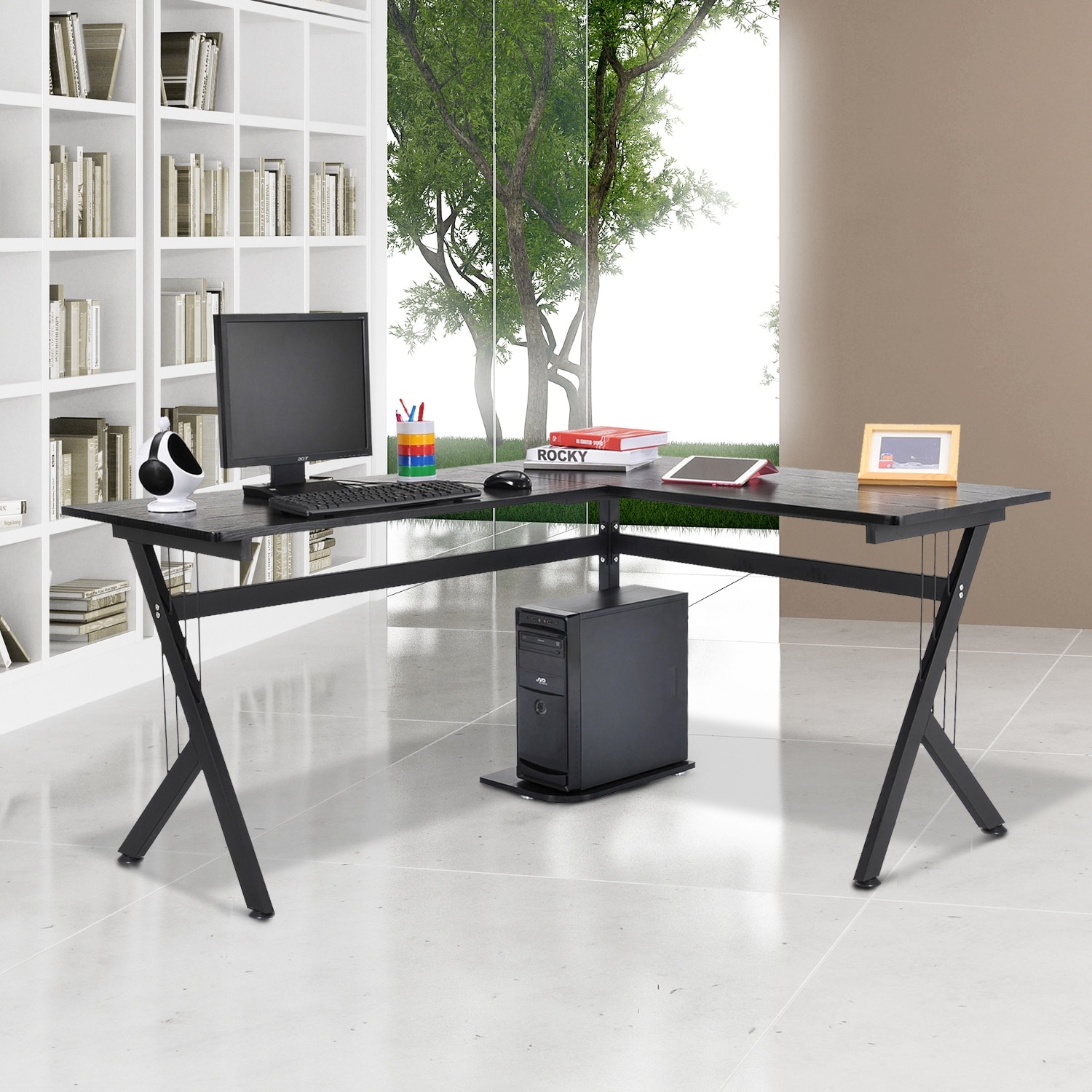 HOMCOM 61-in. Modern Reversible L-shaped Office Desk w/ CPU Stand