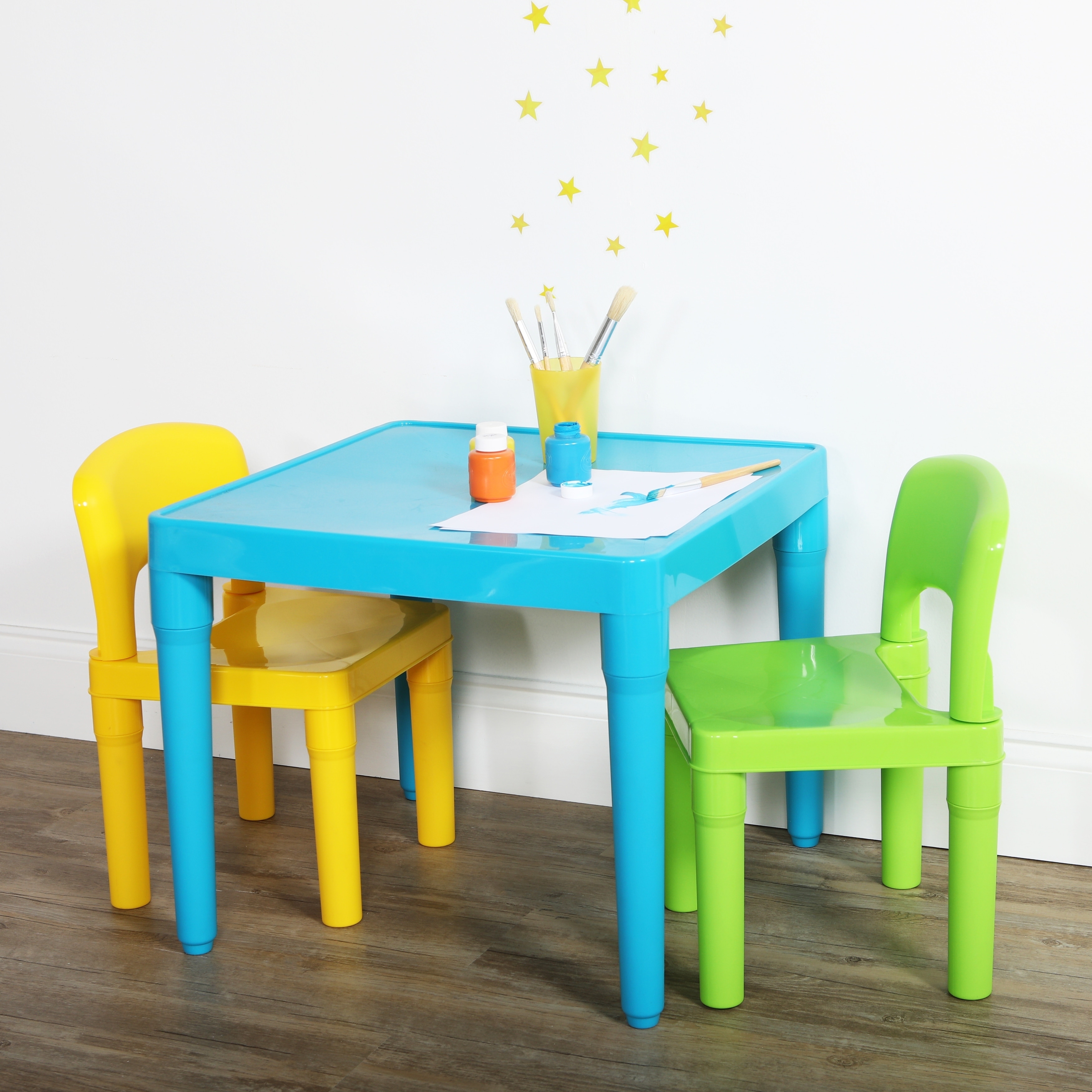 Humble Crew Kids Lightweight Plastic Table & 2 Chairs Set, Aqua/Green/Yellow