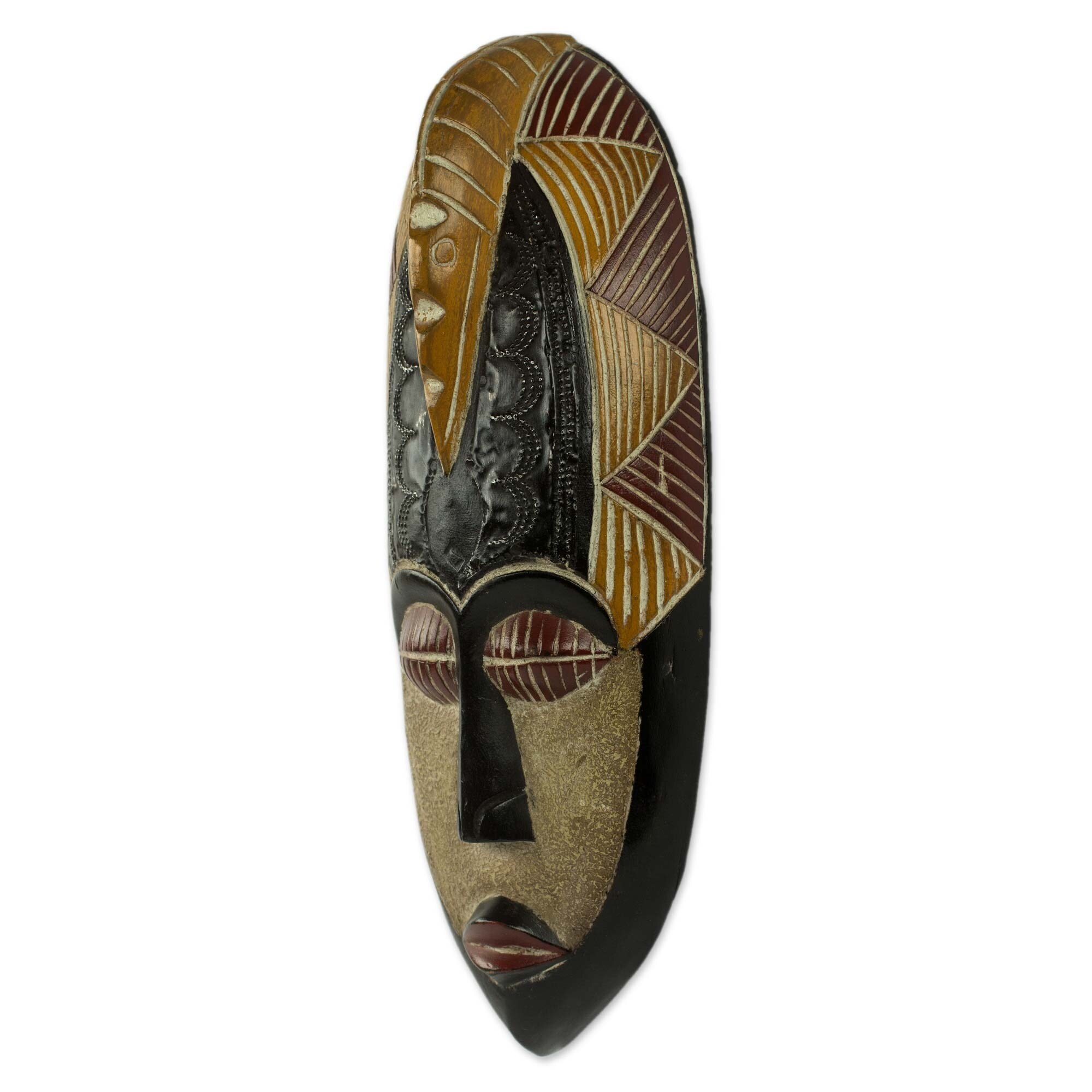 Handmade Herjole African Wood Mask (Ghana) - 15.25" H x 6" W x 3.1" D