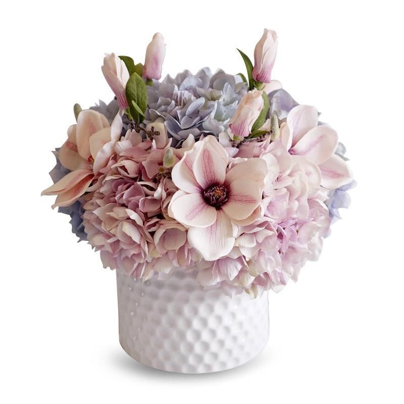 Mademoiselle Pink Blue Hydrangeas Magnolia Floral in Ceramic Vase - Purple