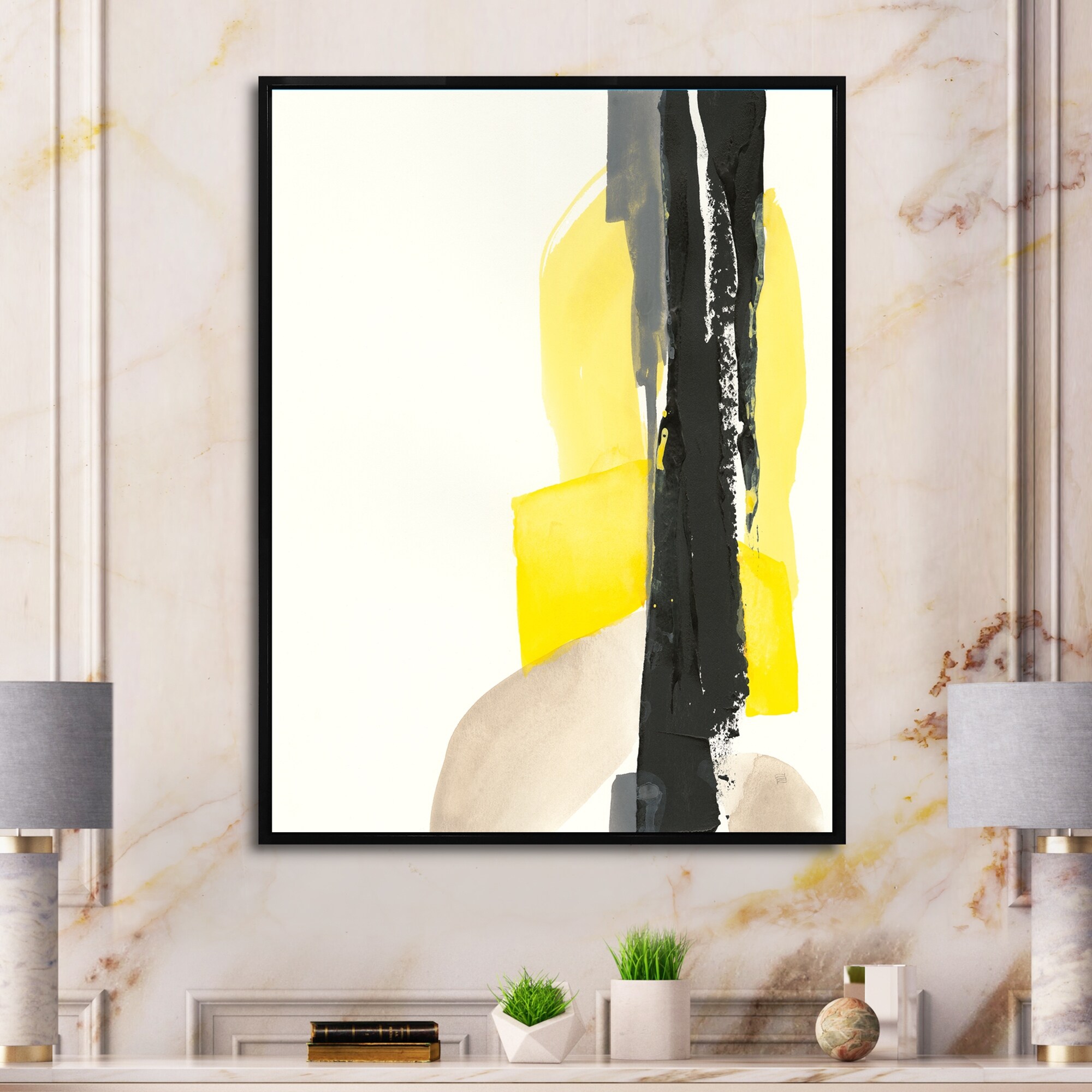 Designart "Glam Black and Yellow III" Modern & Contemporary Framed Canvas