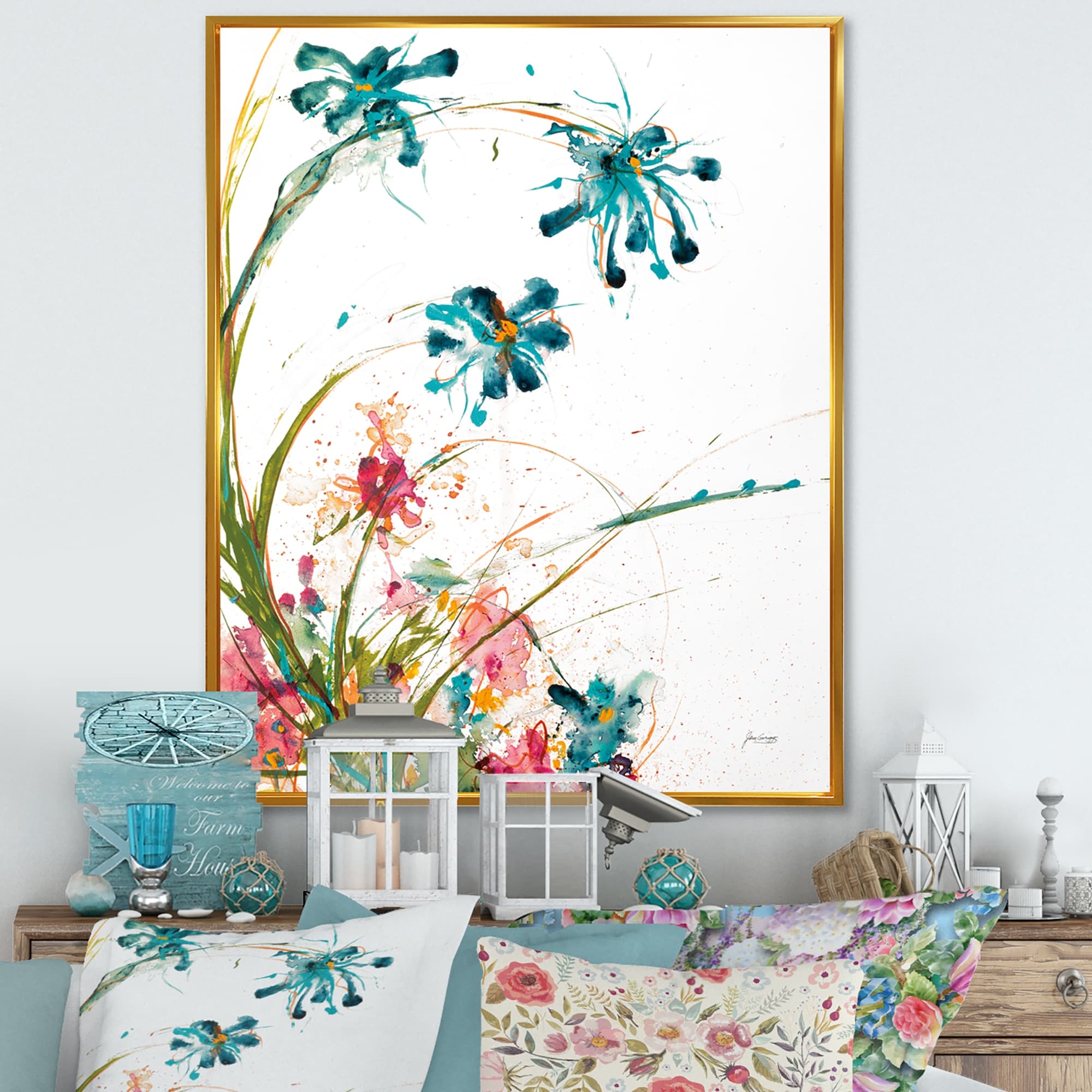 Designart "Blue Abstract Blossoming Farmhouse Flowers" Modern Farmhouse Framed Canvas - Multi-color