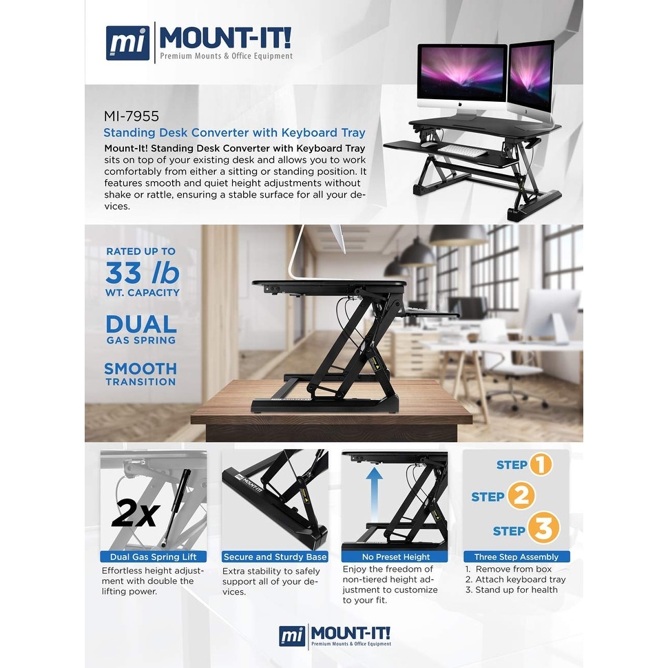 Mount-It! Standing Desk Sit-Stand Desk Converter Height Adjustable, Large Surface Area -