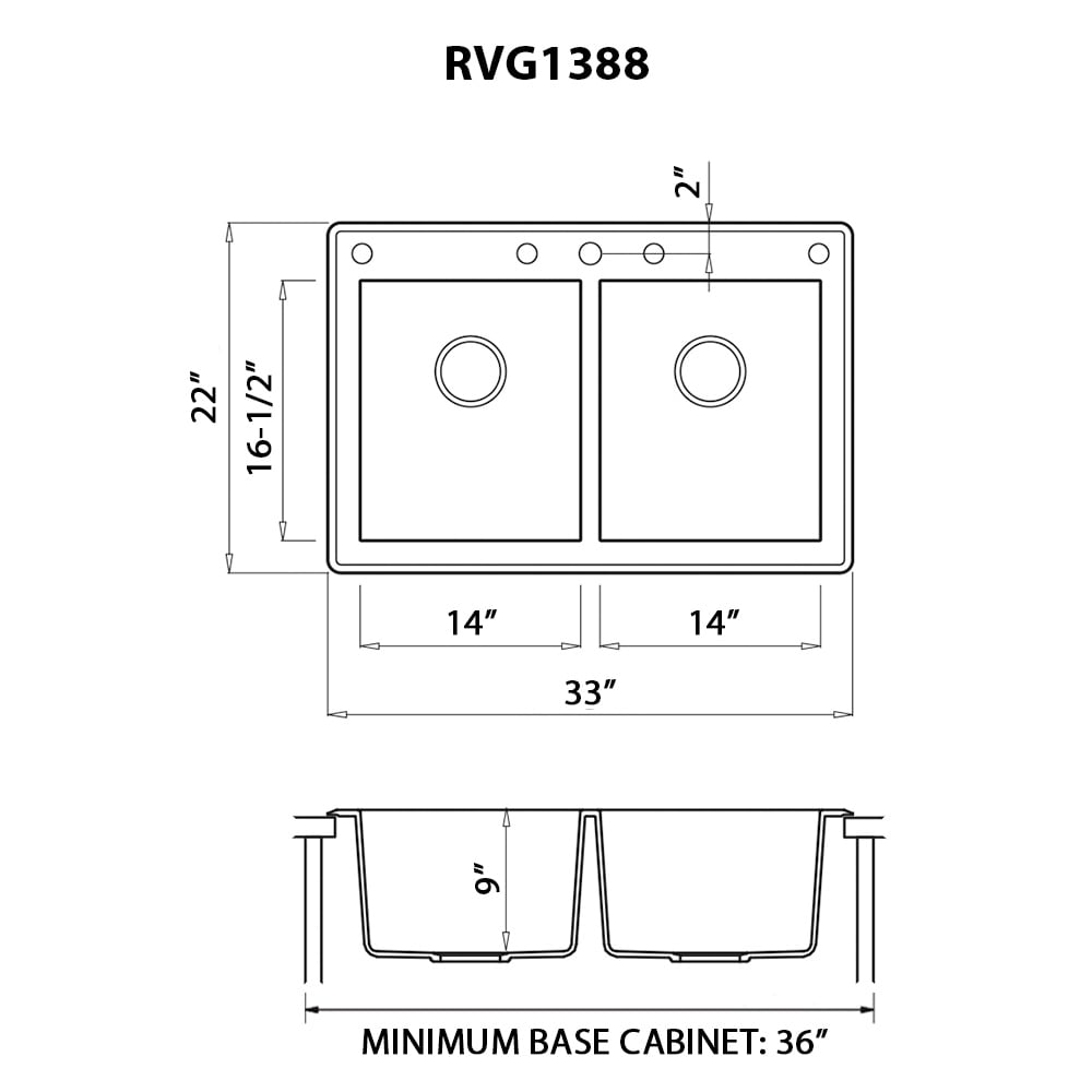 Ruvati 33 x 22 inch epiGranite Dual-Mount Granite Composite Double Bowl Kitchen Sink - Midnight Black - RVG1388BK