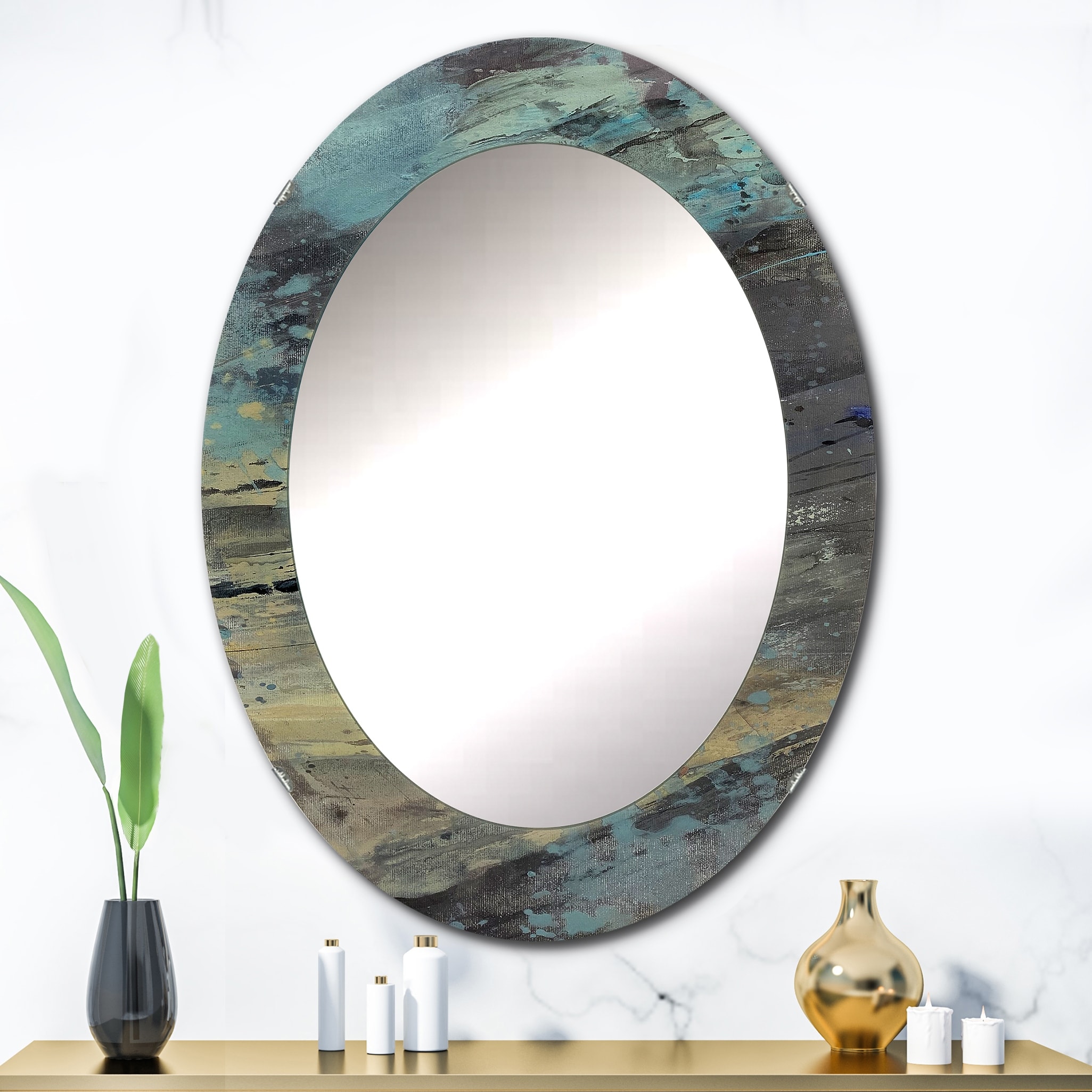 Designart 'Rock Teal Panel I' Printed Modern Oval or Round Wall Mirror - Blue