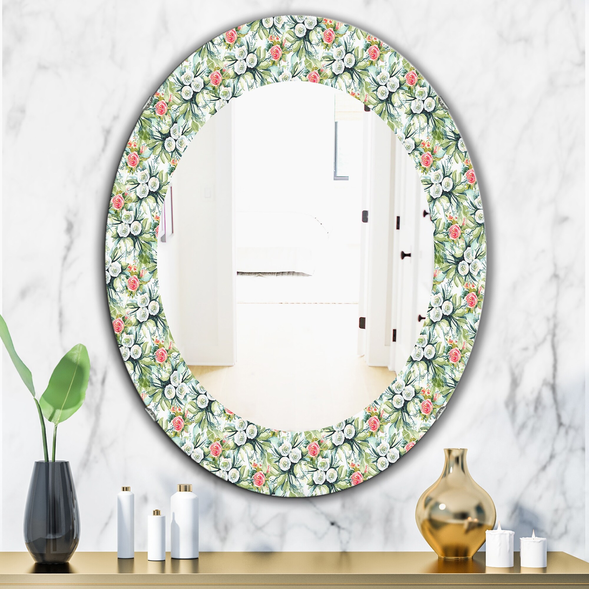 Designart 'Green Flowers 10' Printed Traditional Frameless Oval or Round Wall Mirror