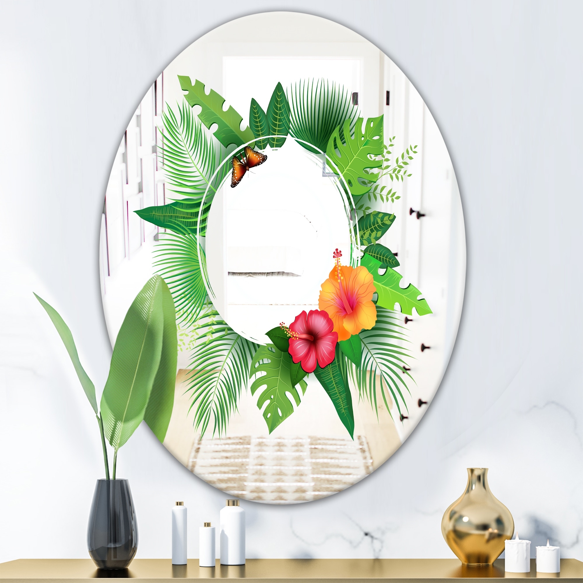 Designart 'Tropical Leaves' Printed Farmhouse Oval or Round Decorative Mirror