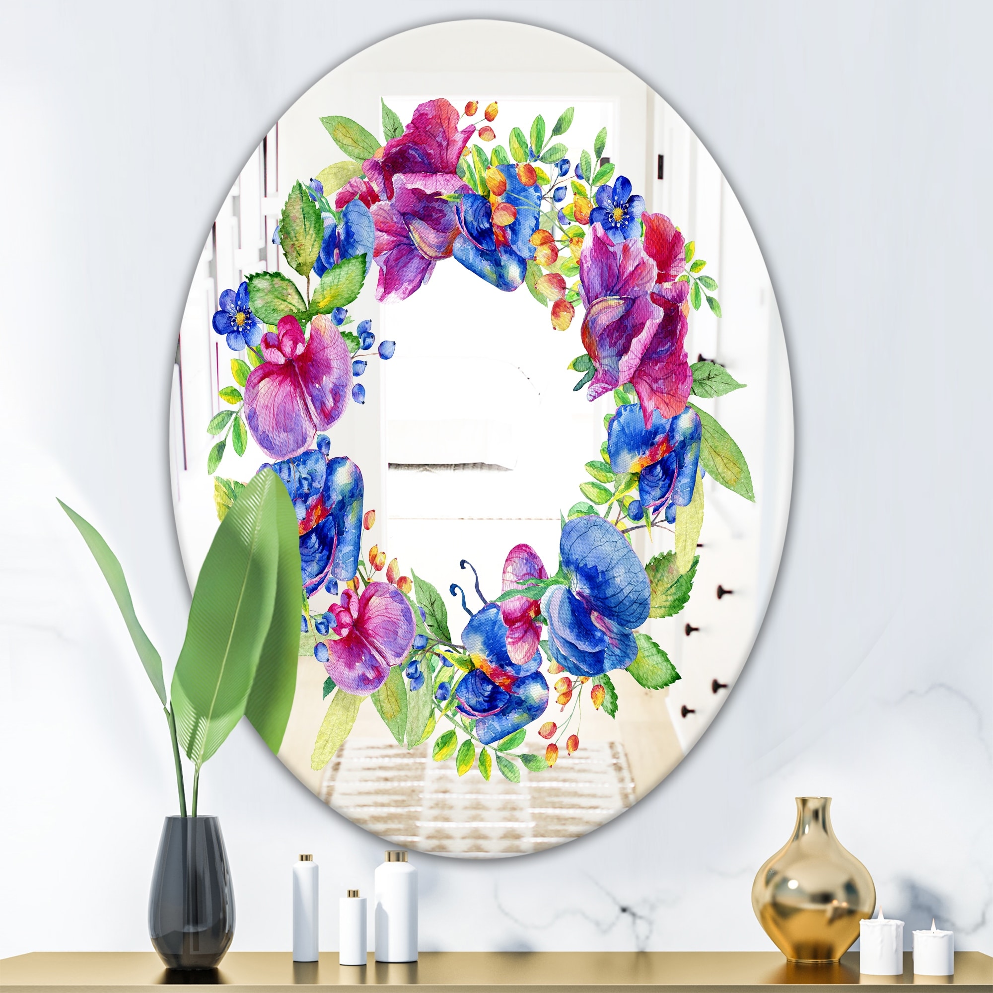 Designart 'Blue Wreath Flower' Farmhouse Mirror - Printed Oval or Round Wall Mirror