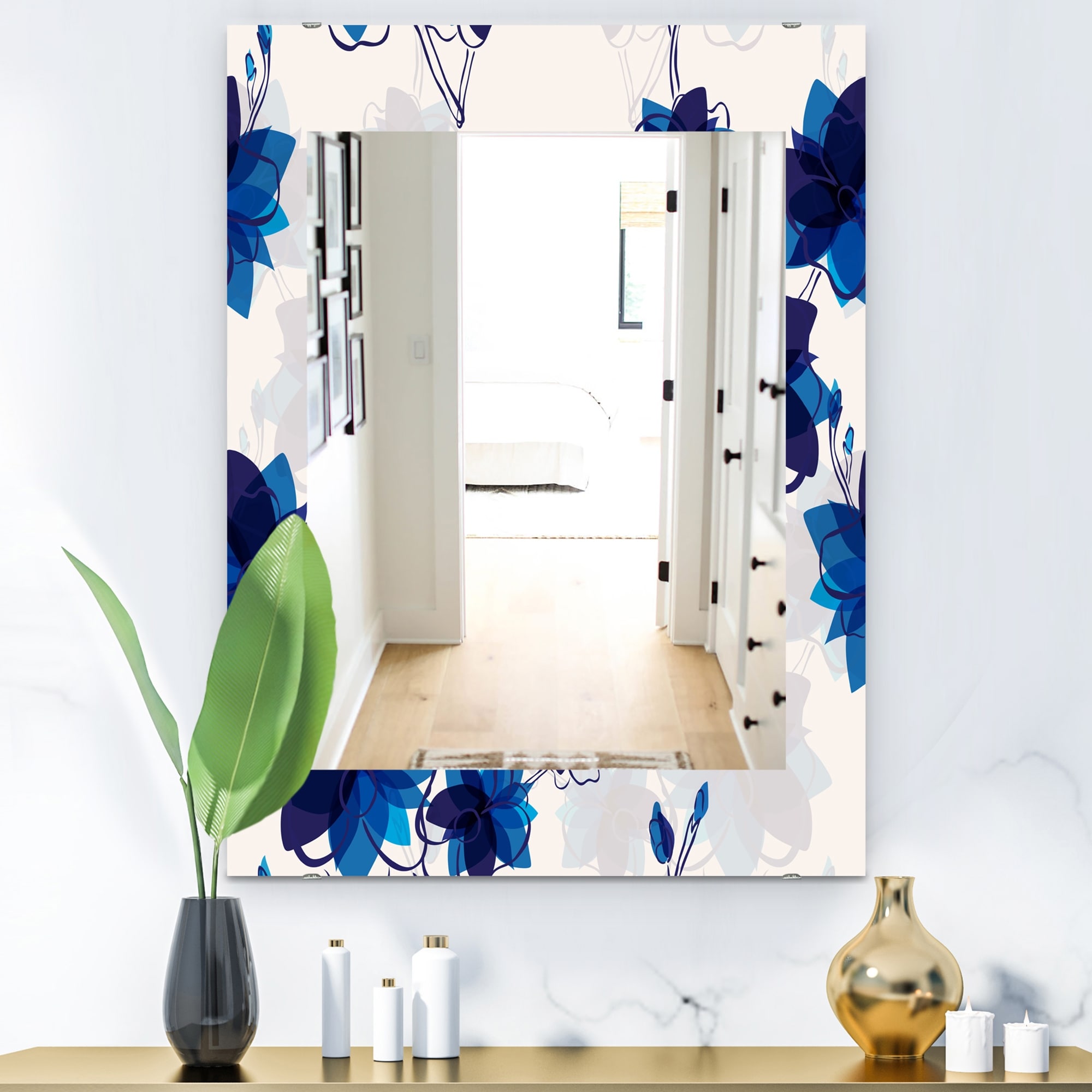 Designart 'Abstract Blue Flowers' Traditional Mirror - Frameless Printed Wall Mirror