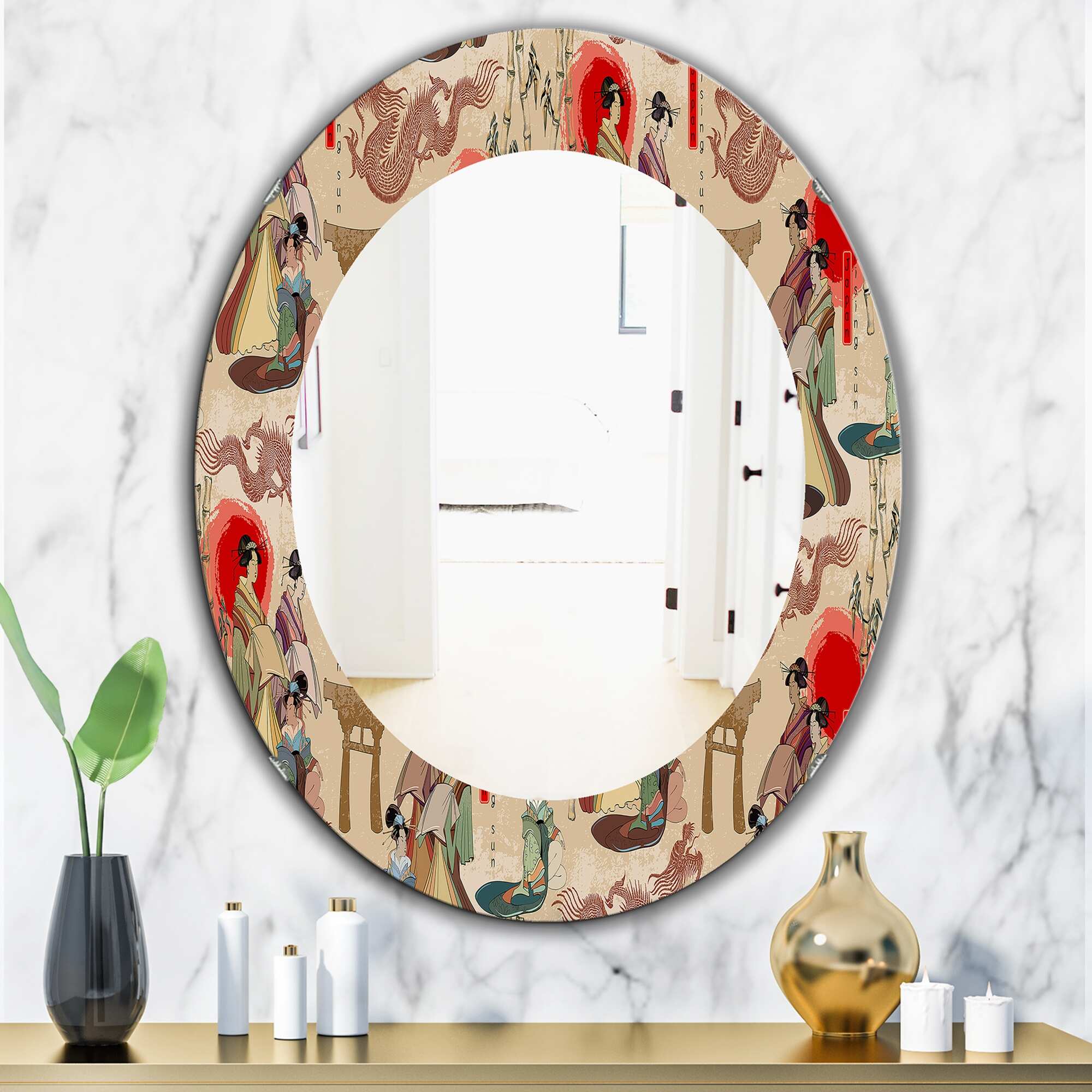 Designart 'Japanese Geishas and Dragons' Printed Bohemian and Eclectic Oval or Round Wall Mirror - Multi