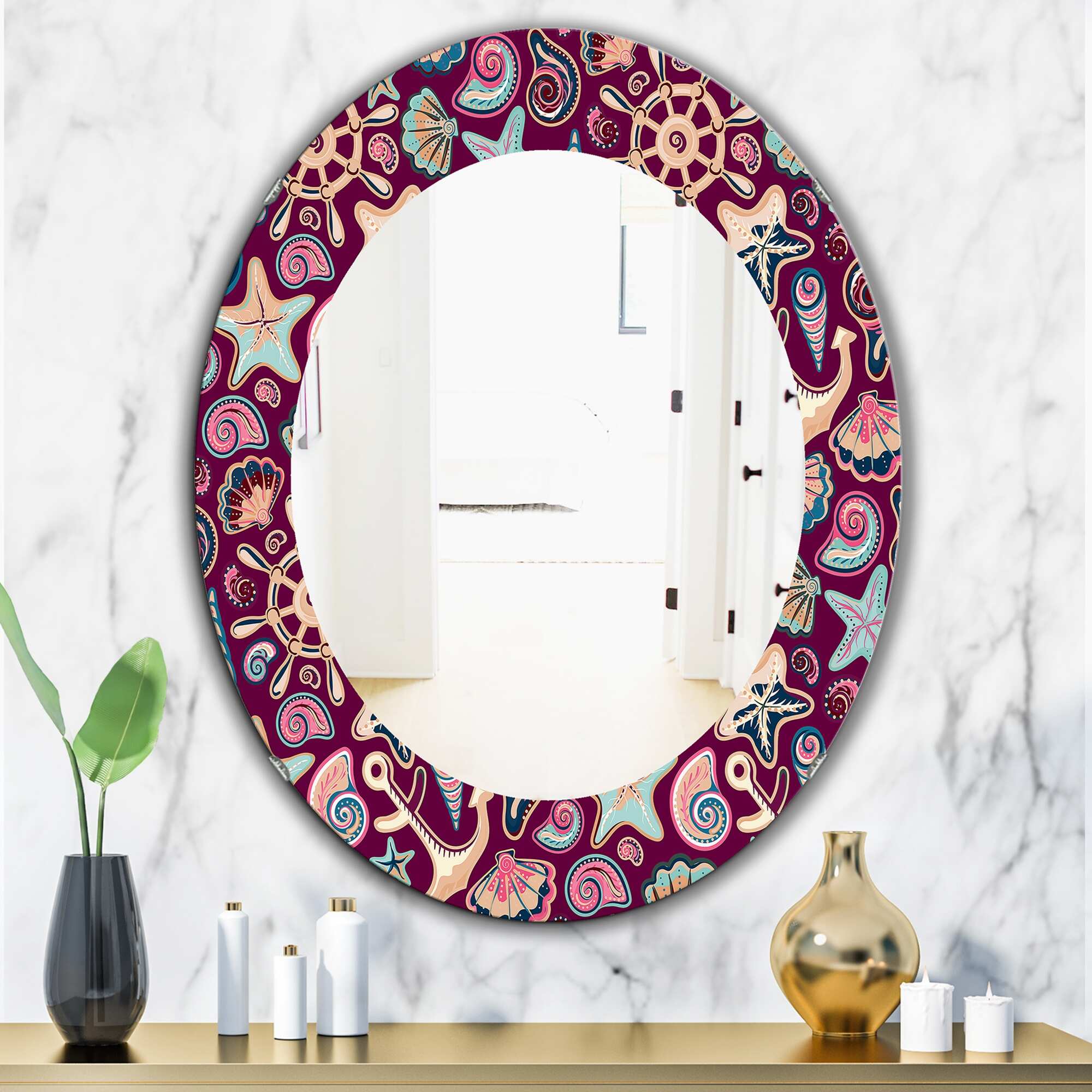Designart 'Costal Creatures 13' Printed Traditional Oval or Round Wall Mirror - Purple