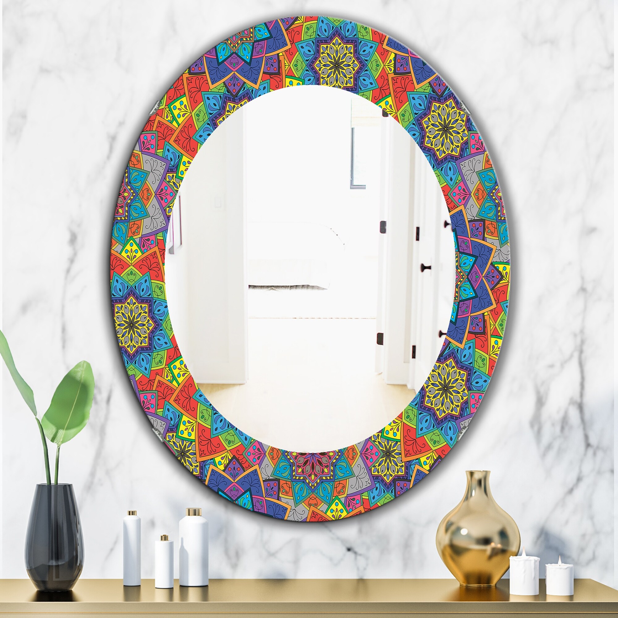 Designart 'Colored Indian Ornament' Printed Bohemian and Eclectic Oval or Round Wall Mirror