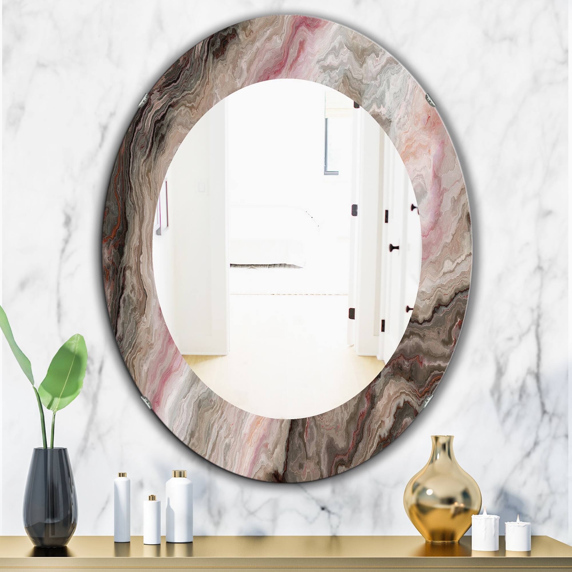 Designart 'Marbled Geode 17' Printed Mid-Century Oval or Round Wall Mirror - Grey/Silver