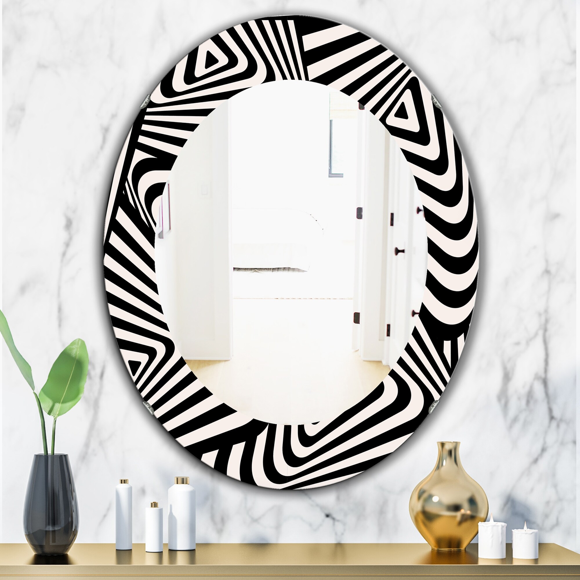 Designart 'Black & White 5' Printed Modern WallMirror - Contemporary Oval or Round Wall Mirror - Black