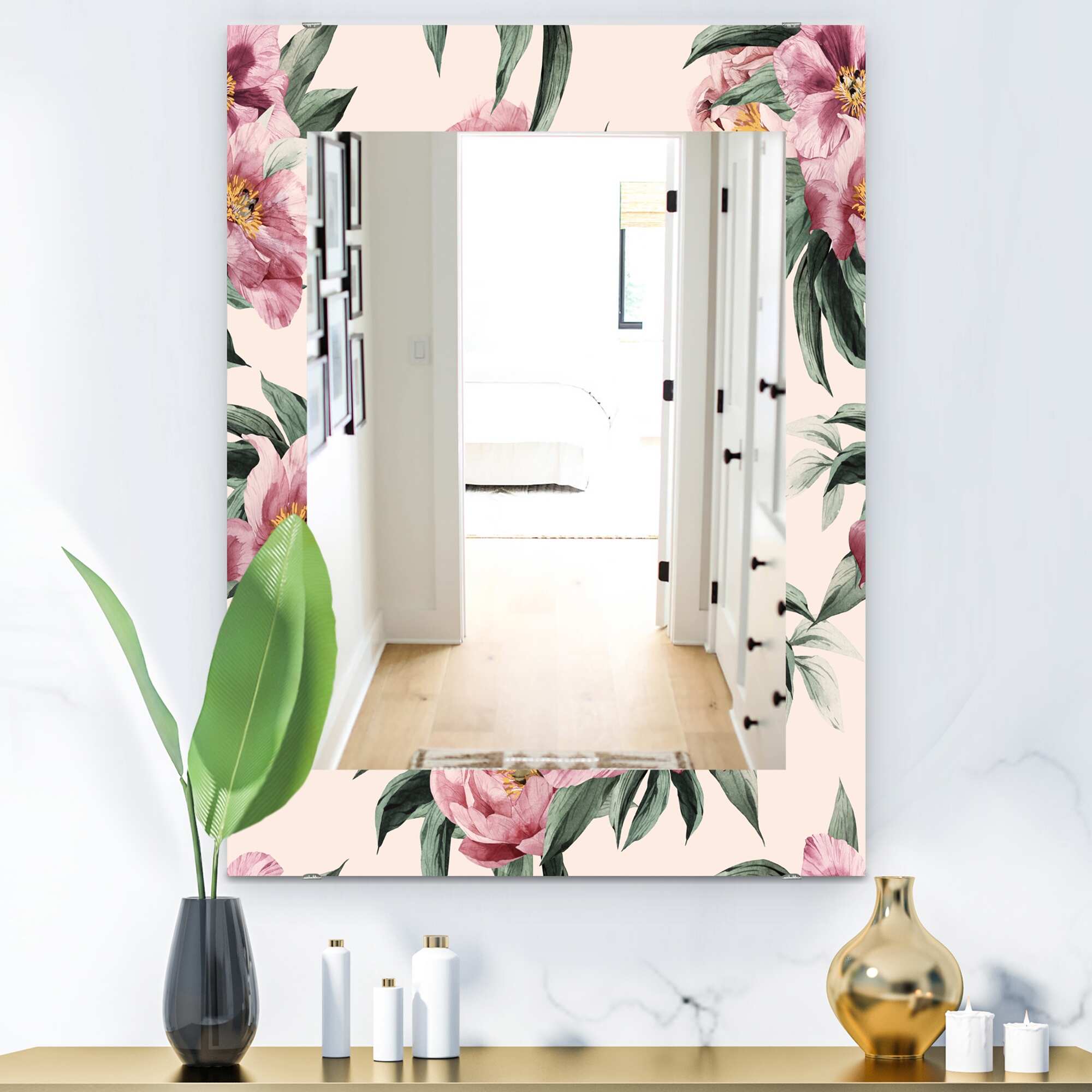 Designart 'Pink Blossom 40' Traditional Mirror - Vanity Printed Mirror