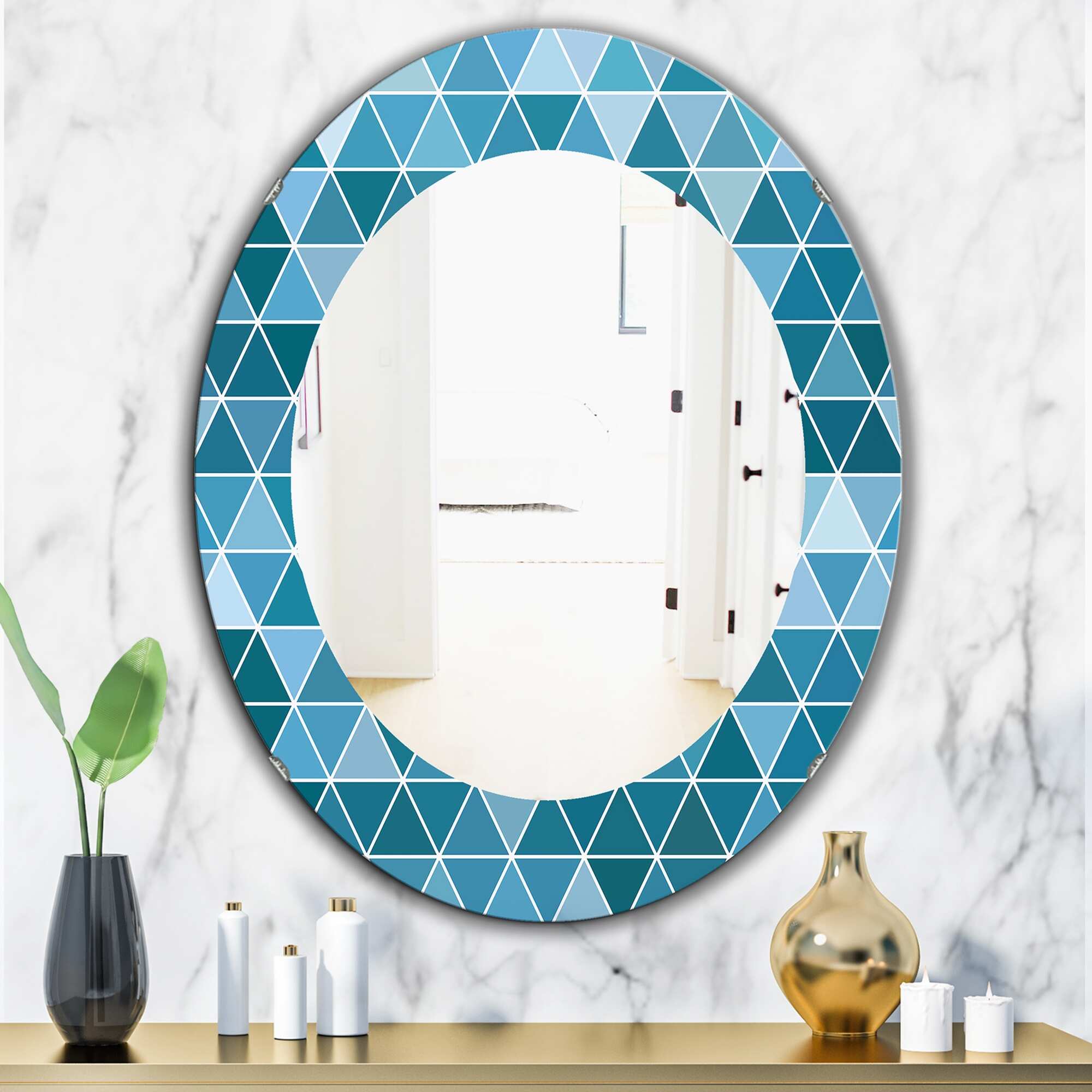 Designart 'Triangular Colourfields 34' Printed Modern Mirror - Oval or Round Wall Mirror - Blue