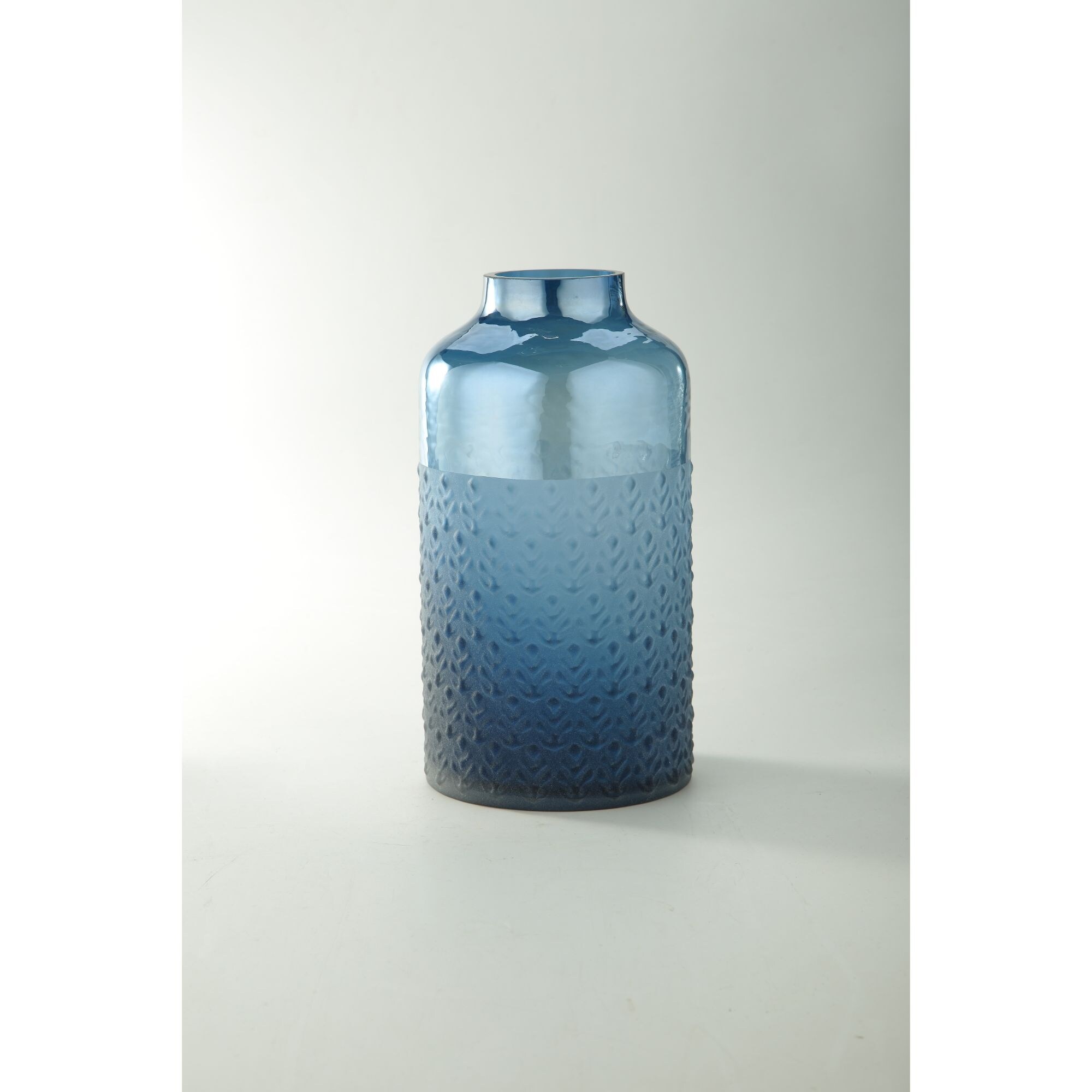 11" Blue Leaf Pattern Embossed Glass Vase