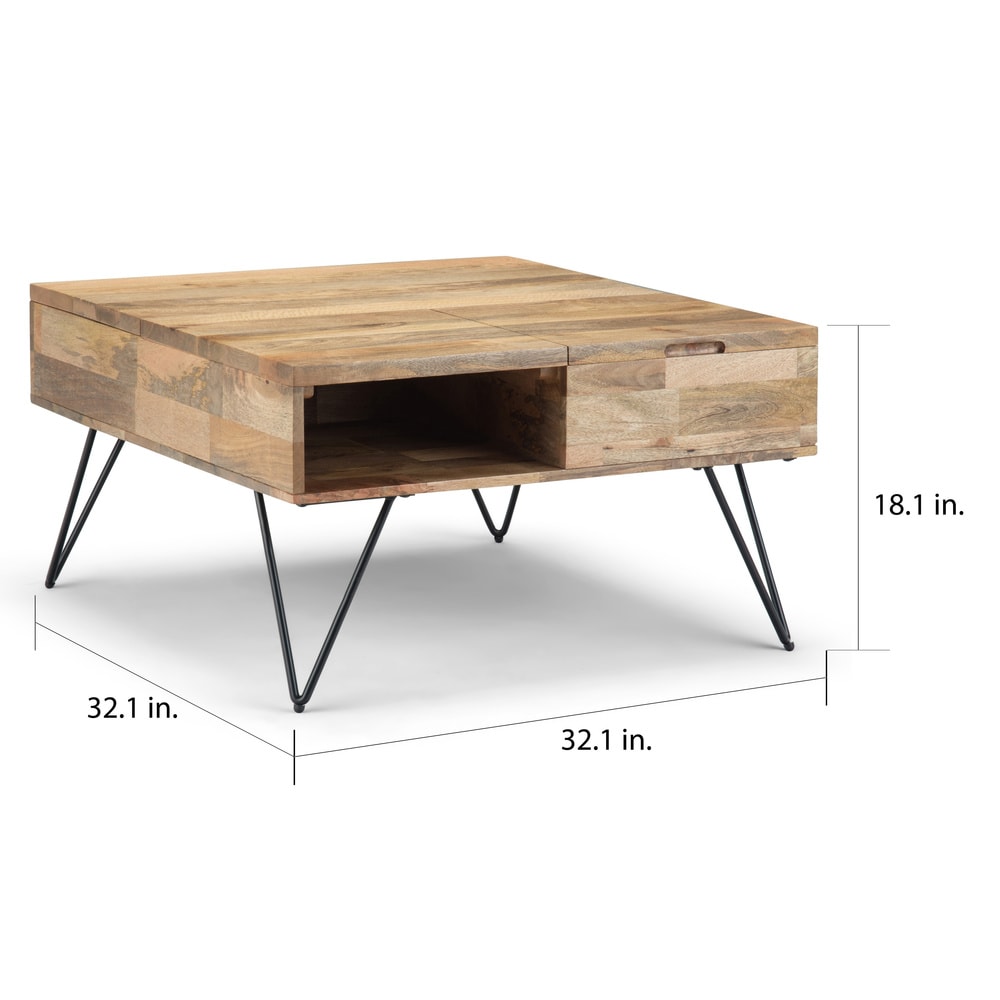 WYNDENHALL Moreno SOLID MANGO WOOD and Metal 32 inch Wide Square Industrial Lift Top Coffee Table in Natural