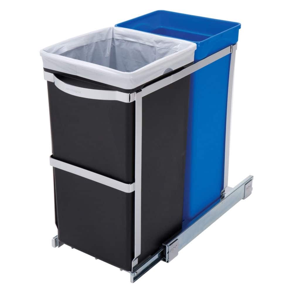 Pull Out Blue Recycle Bin Black Trash Can Slides Under Kitchen Counter - 9.8L x 18.2W x 19.1H in.