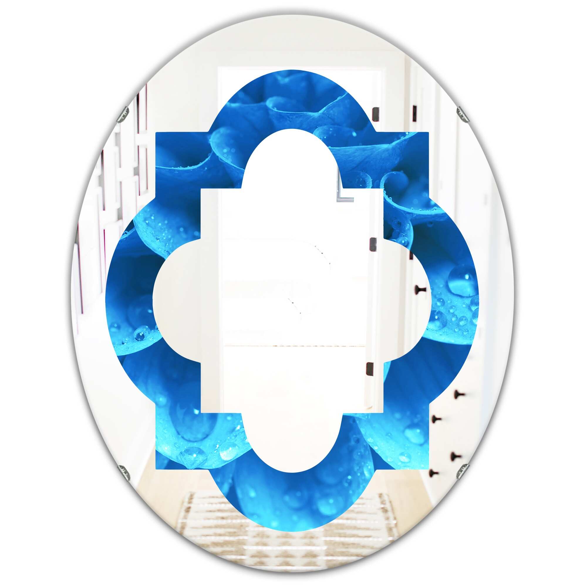 Designart 'Large Light Blue Flower and Petals' Printed Modern Round or Oval Wall Mirror - Quatrefoil