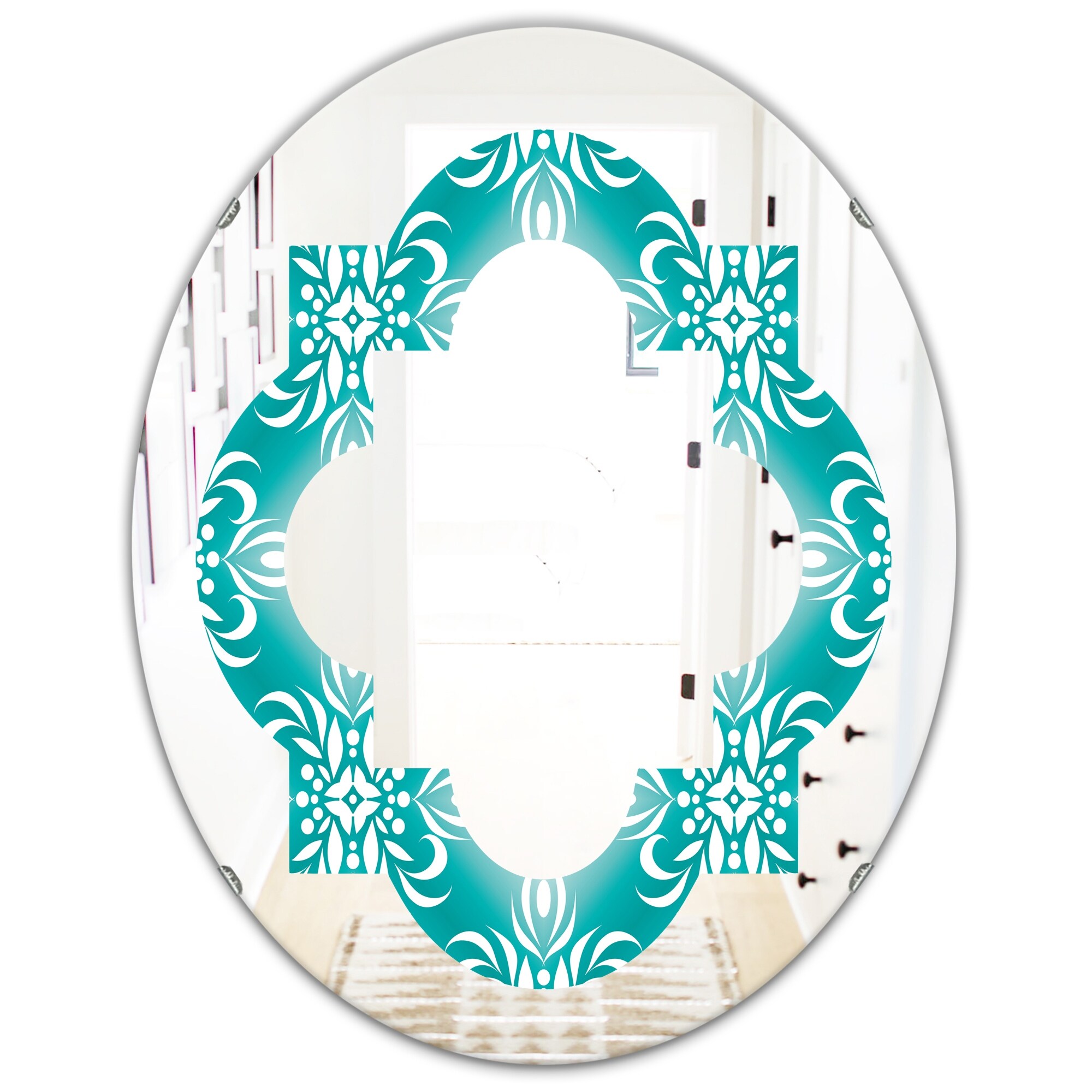 Designart 'Retro Turquoise Pattern' Printed Modern Round or Oval Wall Mirror - Quatrefoil