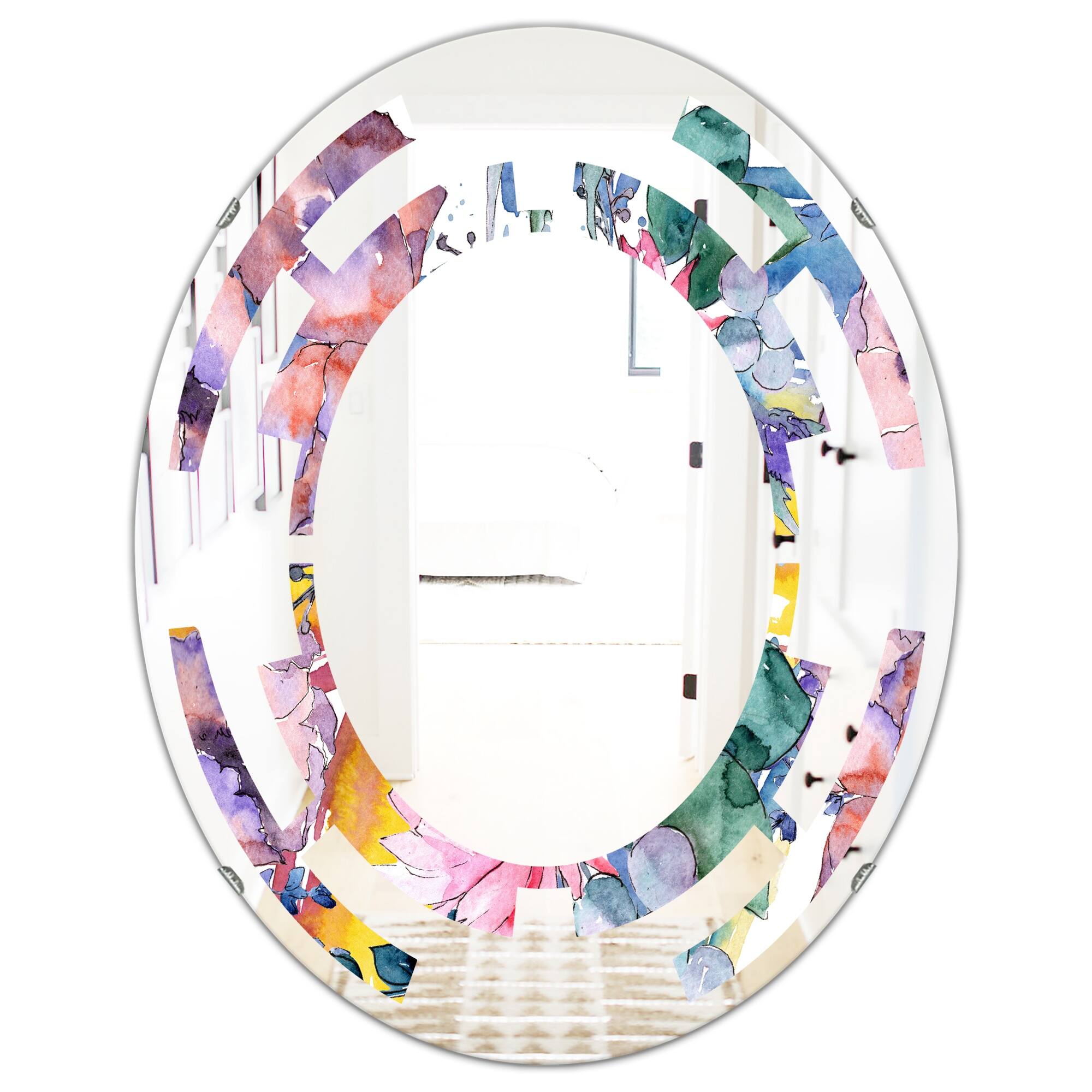 Designart 'Retro Floral Botanical V' Printed Cottage Round or Oval Wall Mirror - Space - Multi