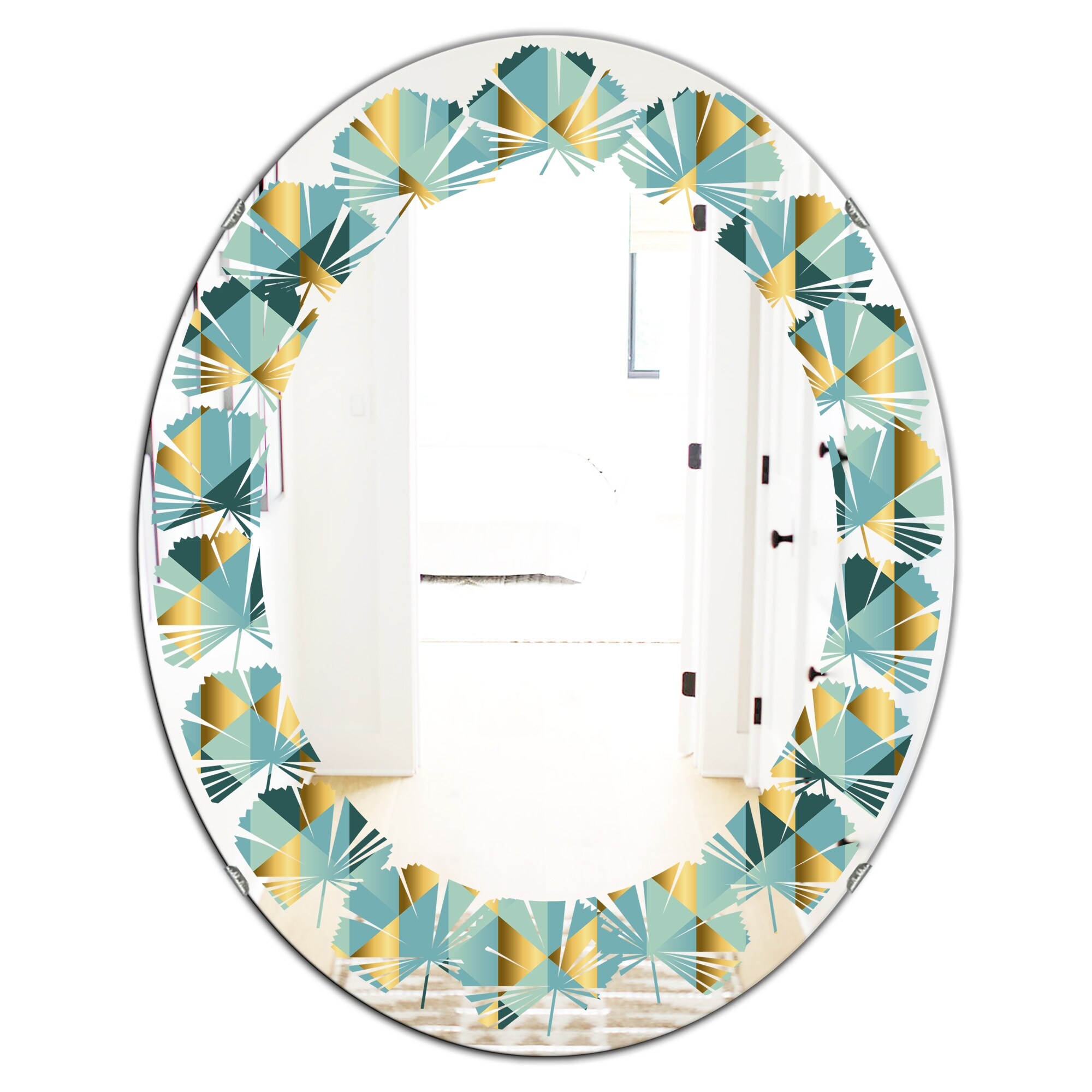 Designart 'Gold and Blue Dynamics V' Printed Modern Round or Oval Wall Mirror - Leaves