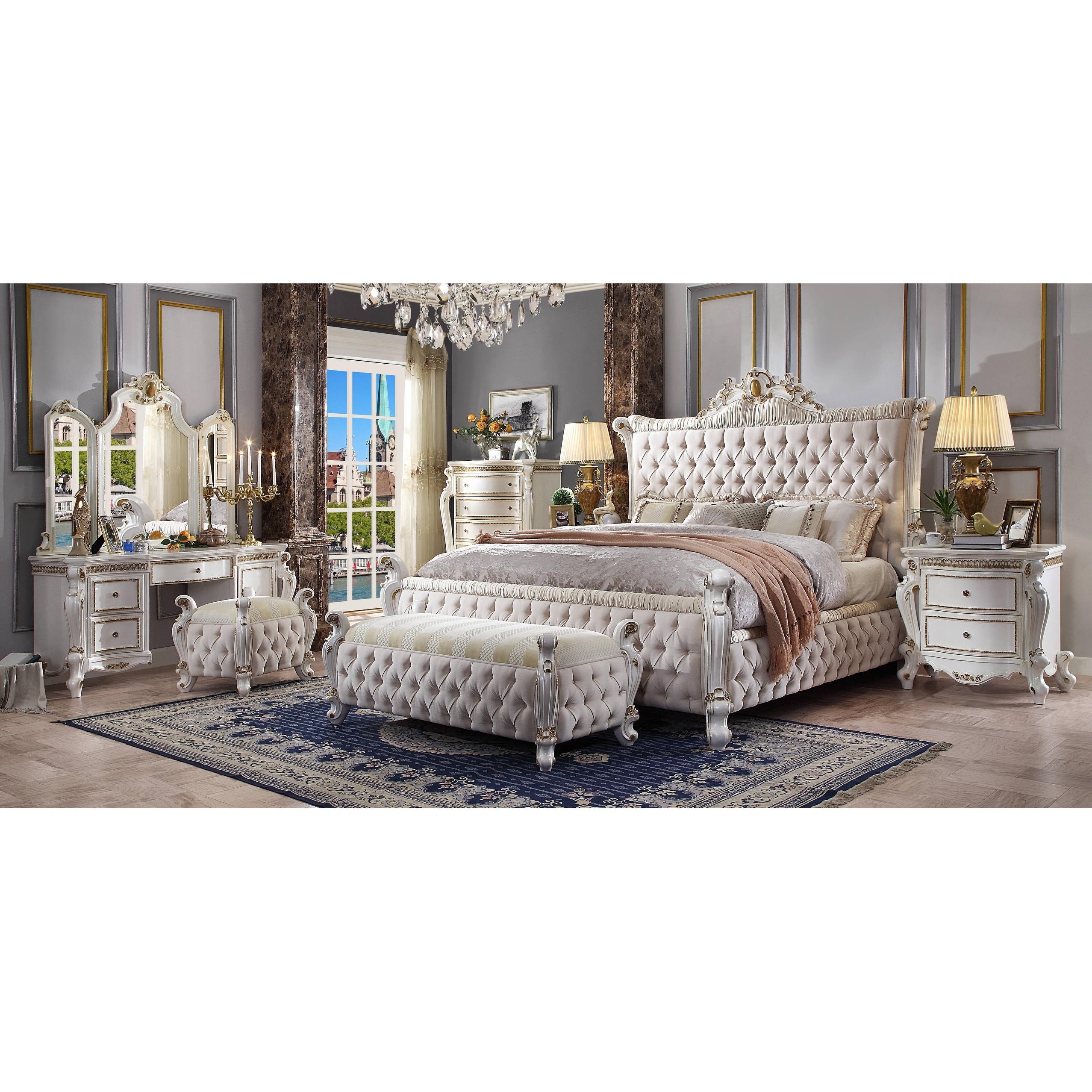ACME Picardy California King Bed in Fabric & Antique Pearl