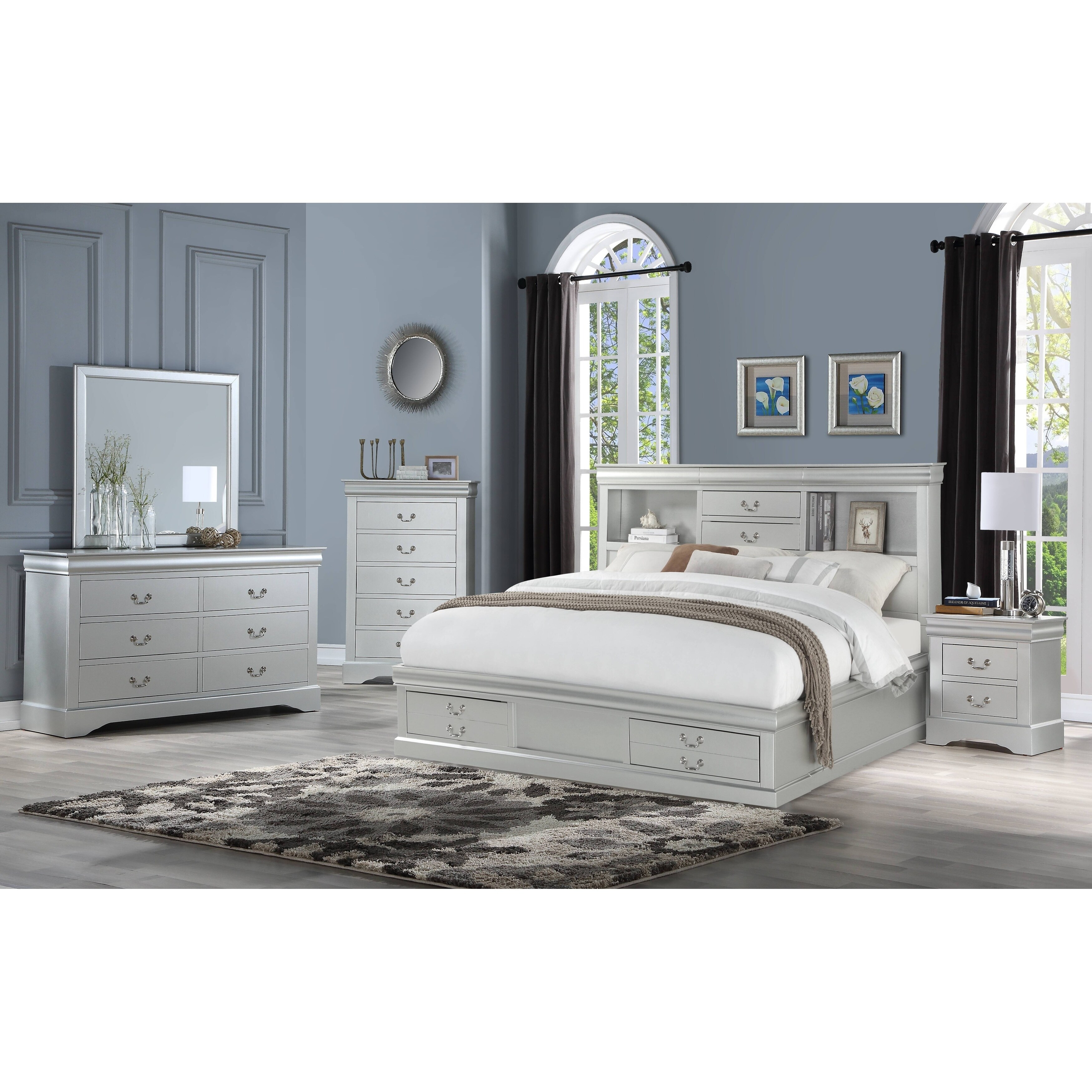 ACME Louis Philippe III Queen Bed with Storage in Platinum