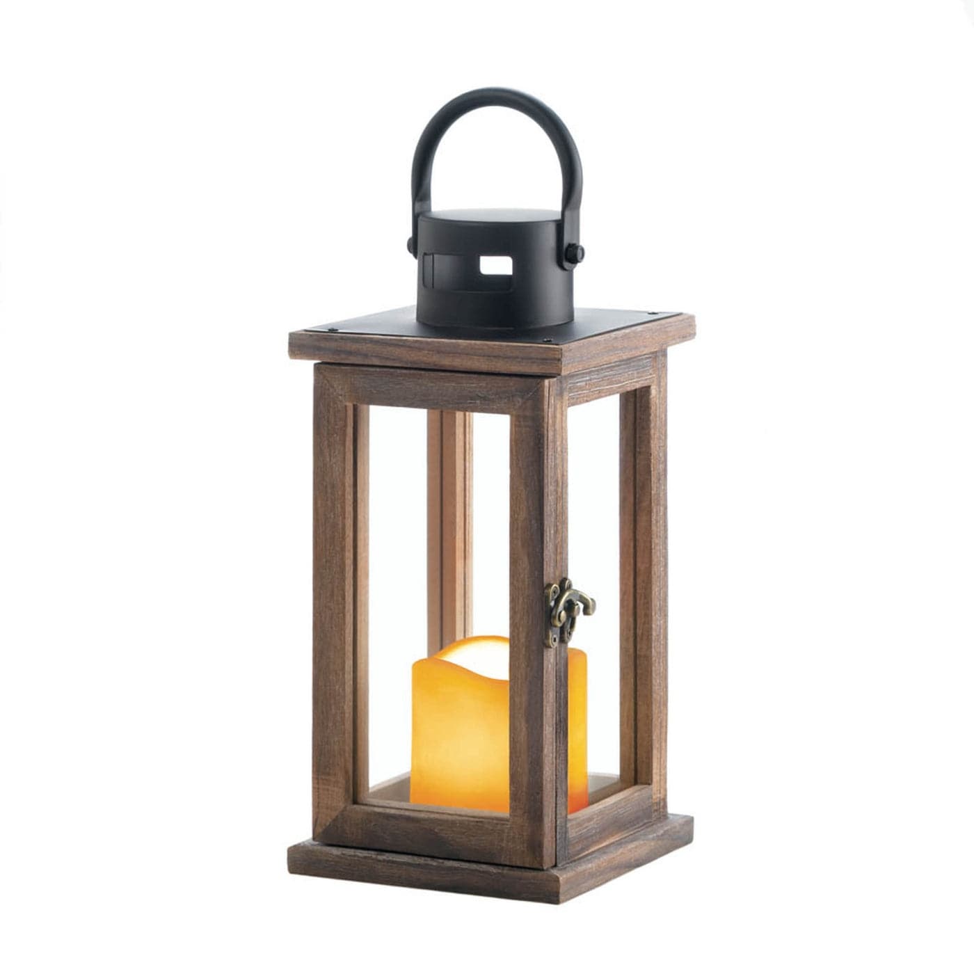 Lodge Wooden Lantern With Led Candle - Brown