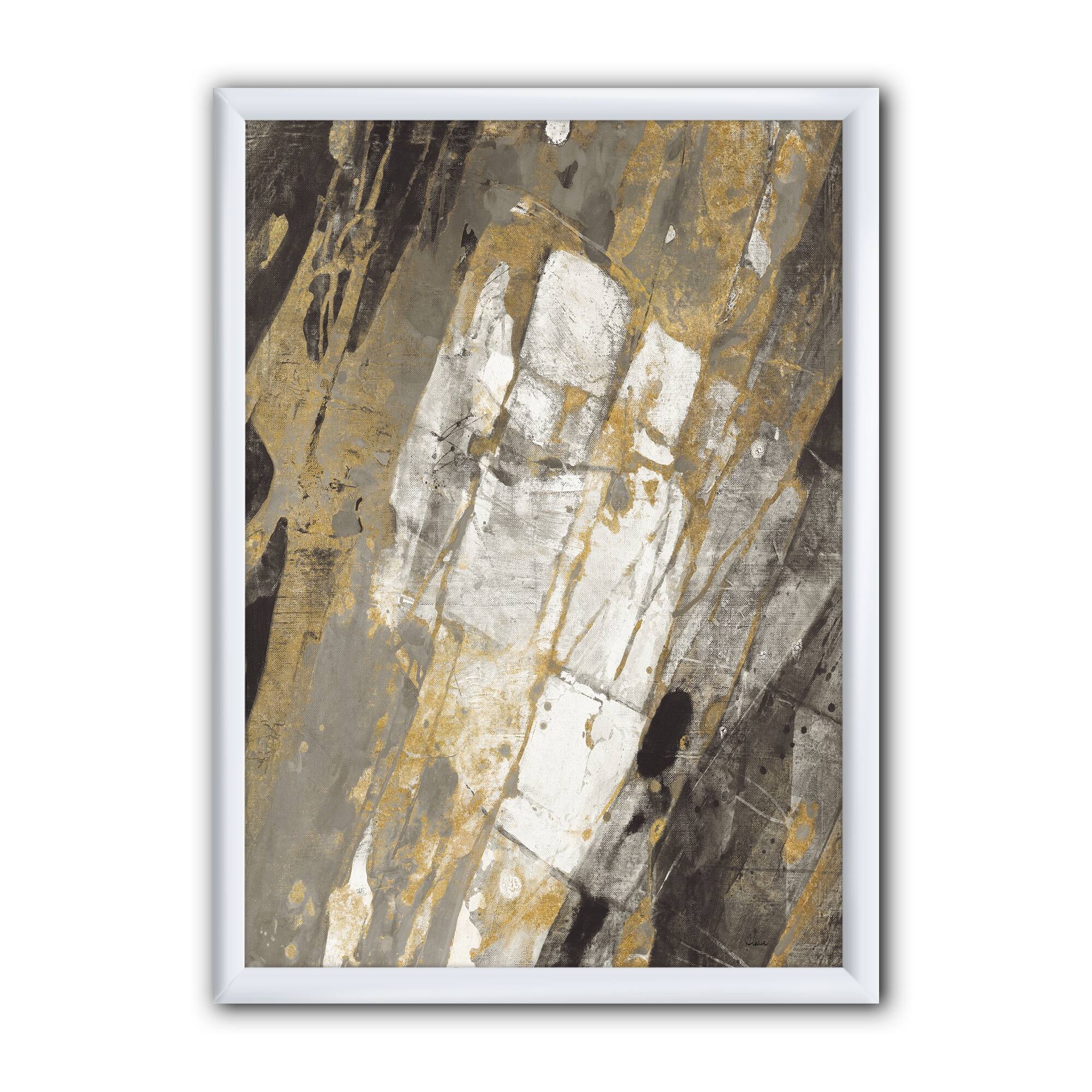 Designart "Gold, Black and White Hanpainted Abstract" Traditional Framed Art Print