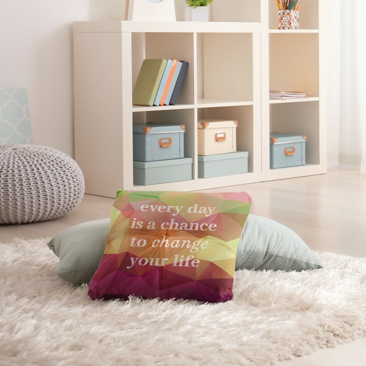Quotes Faux Gemstone Change Your Life Quote Floor Pillow - Square Tufted