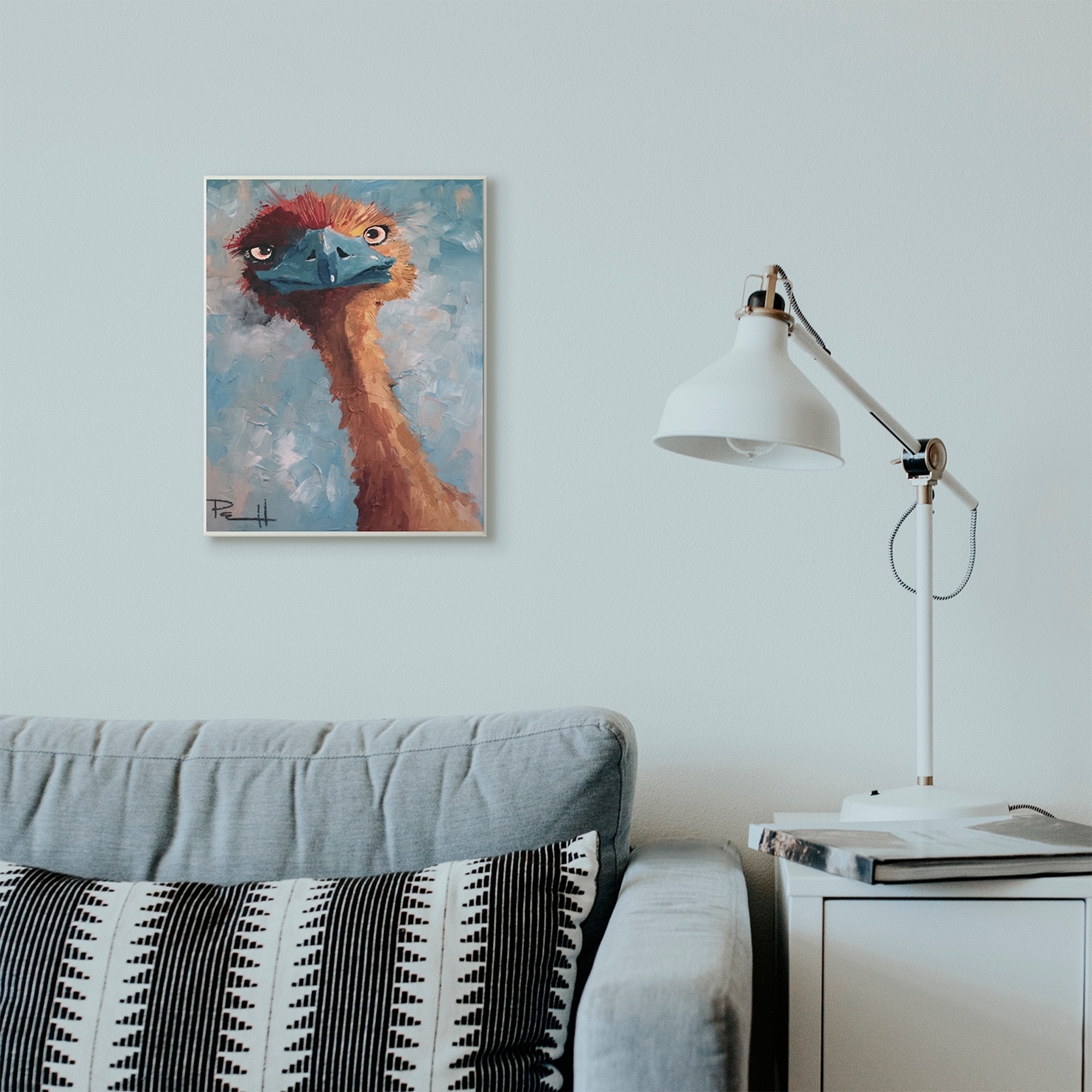 Stupell Curious Ostrich Funny Red Blue Animal Painting Wood Wall Art - 13 x 19