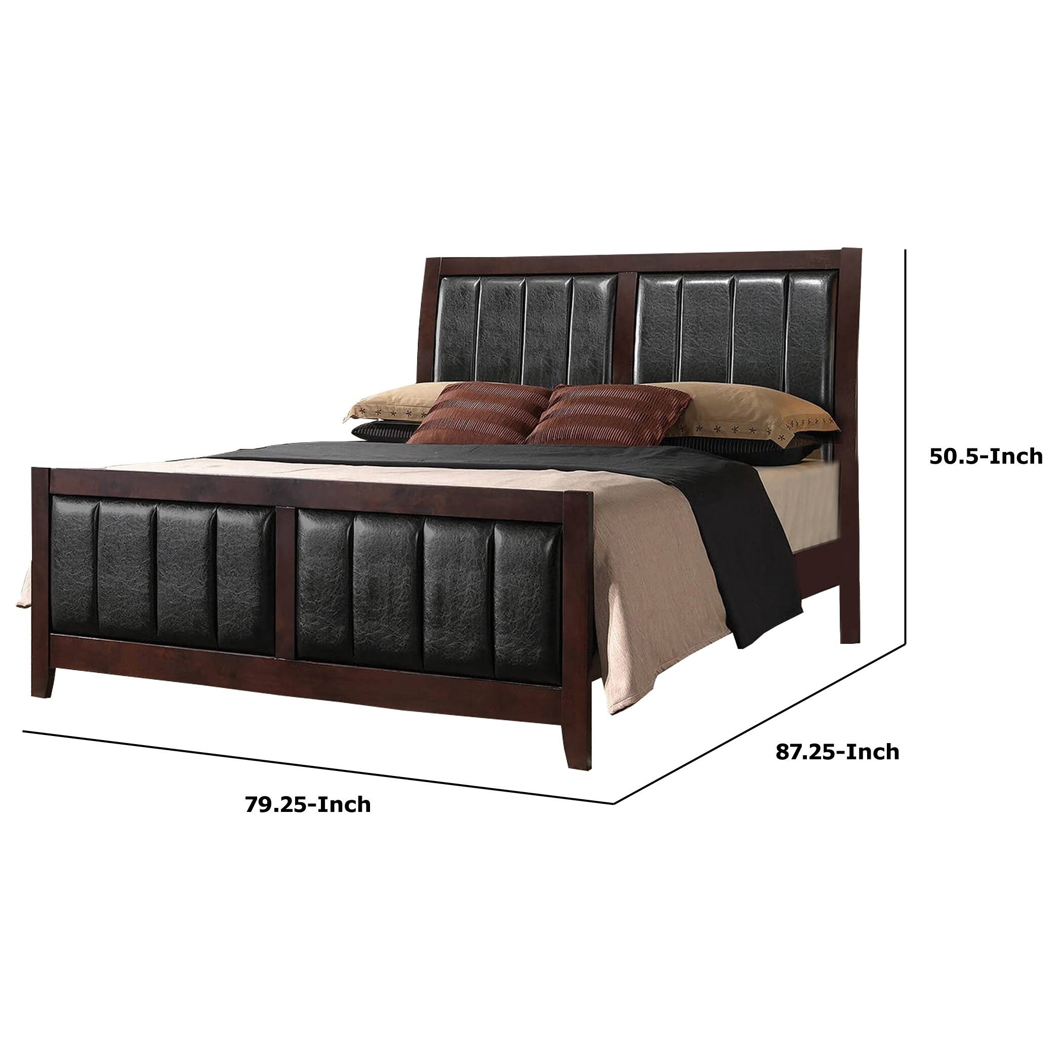 Leatherette Upholstered Wooden Eastern King Bed, Brown and Black
