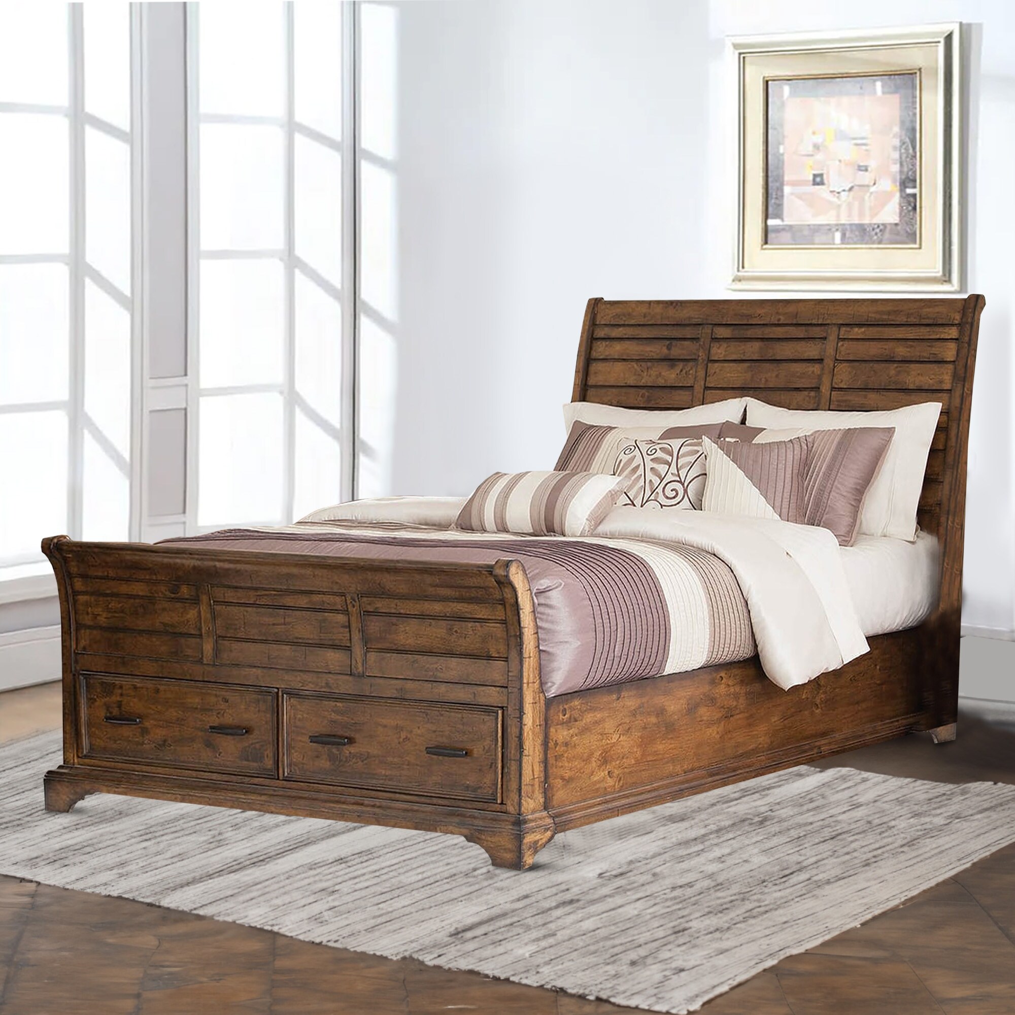 Plank Style Wooden Eastern King Size Bed with Footboard Storage, Brown