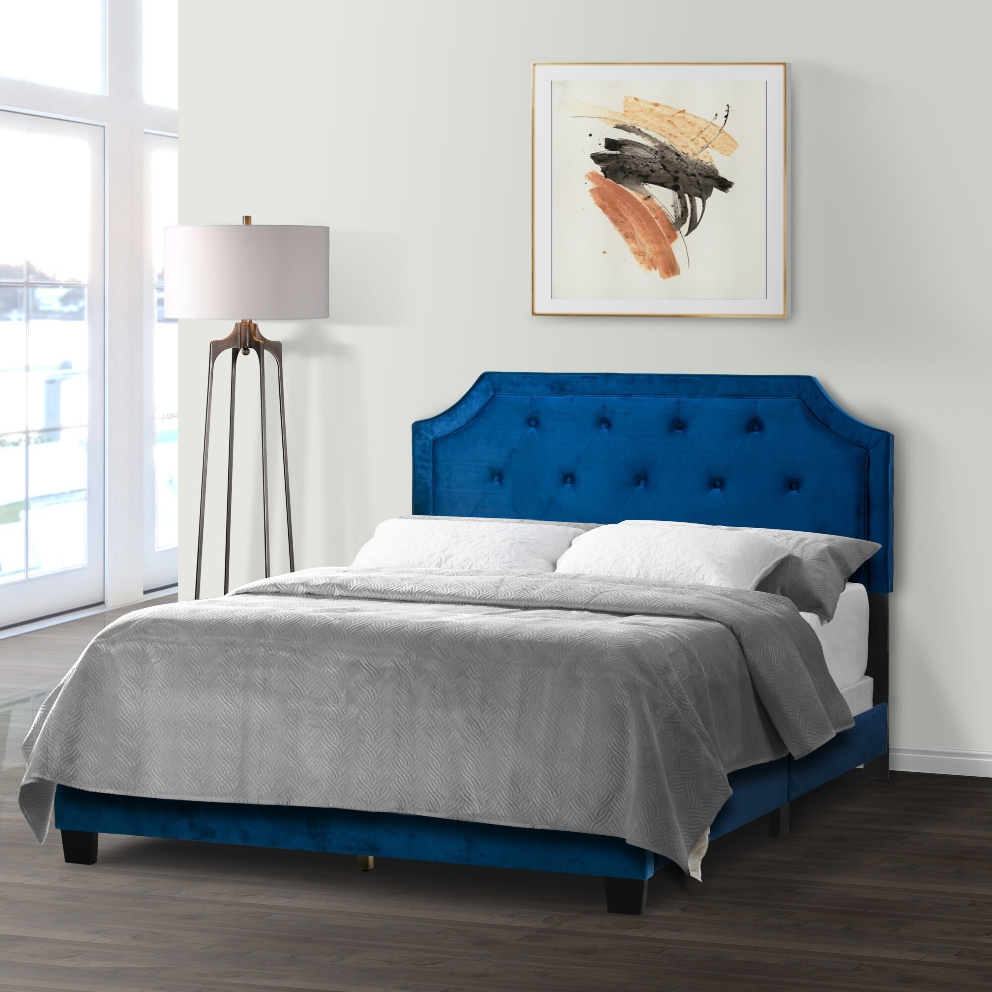 Aria Navy Blue Velvet Queen Bed with Piping and Button Tufting
