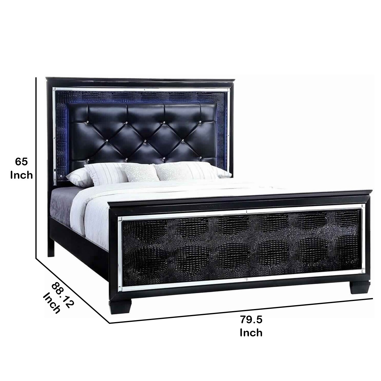 Textured Eastern King Size Bed with Silver Trim Accents, Black