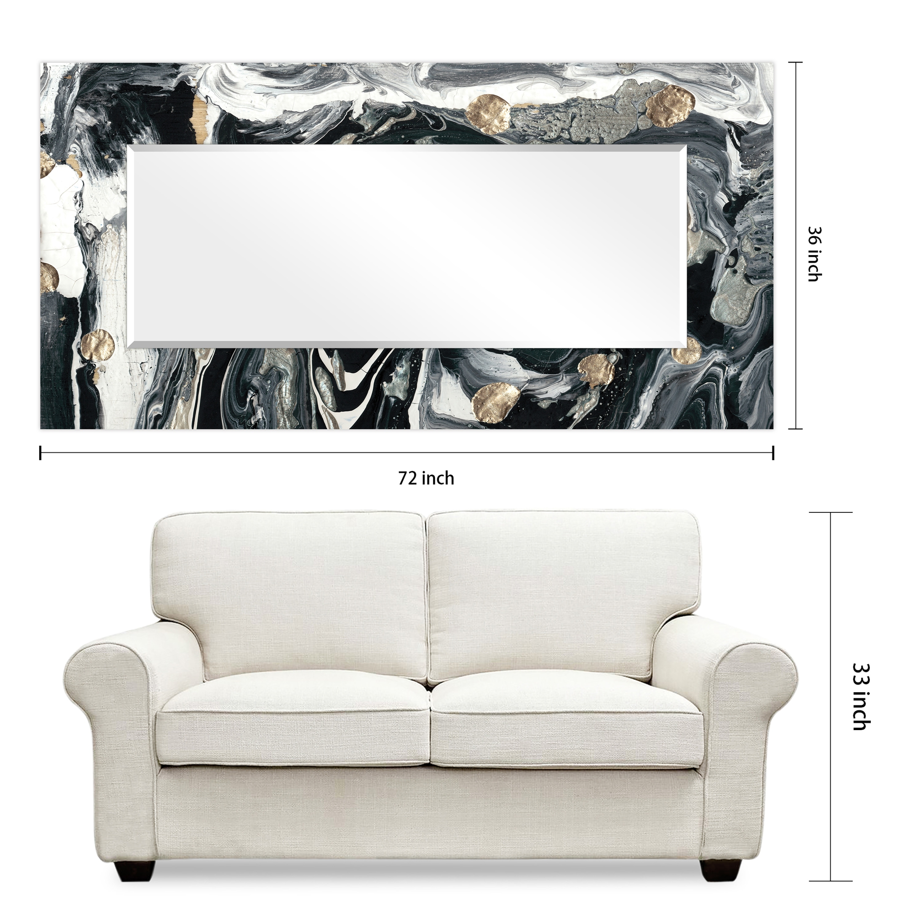 "Ebony & Ivory" Abstract Rectangular Beveled Wall Mirror on Free Floating Glass - Clear - 72 x 36