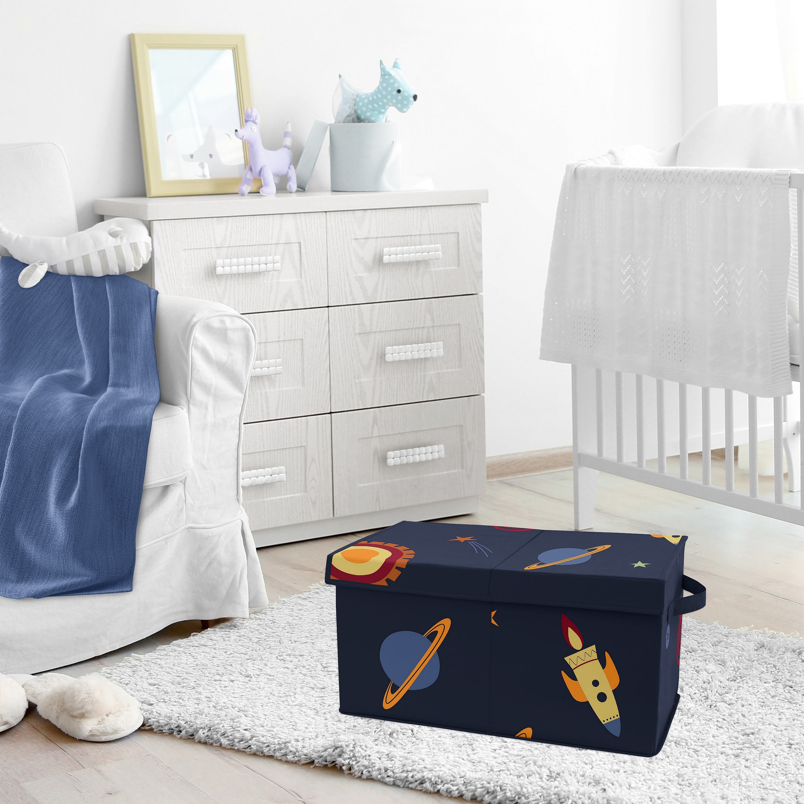 Space Galaxy Planets Collection Boy Kids Fabric Toy Bin Storage - Navy Blue Star and Moon Rocket Ship