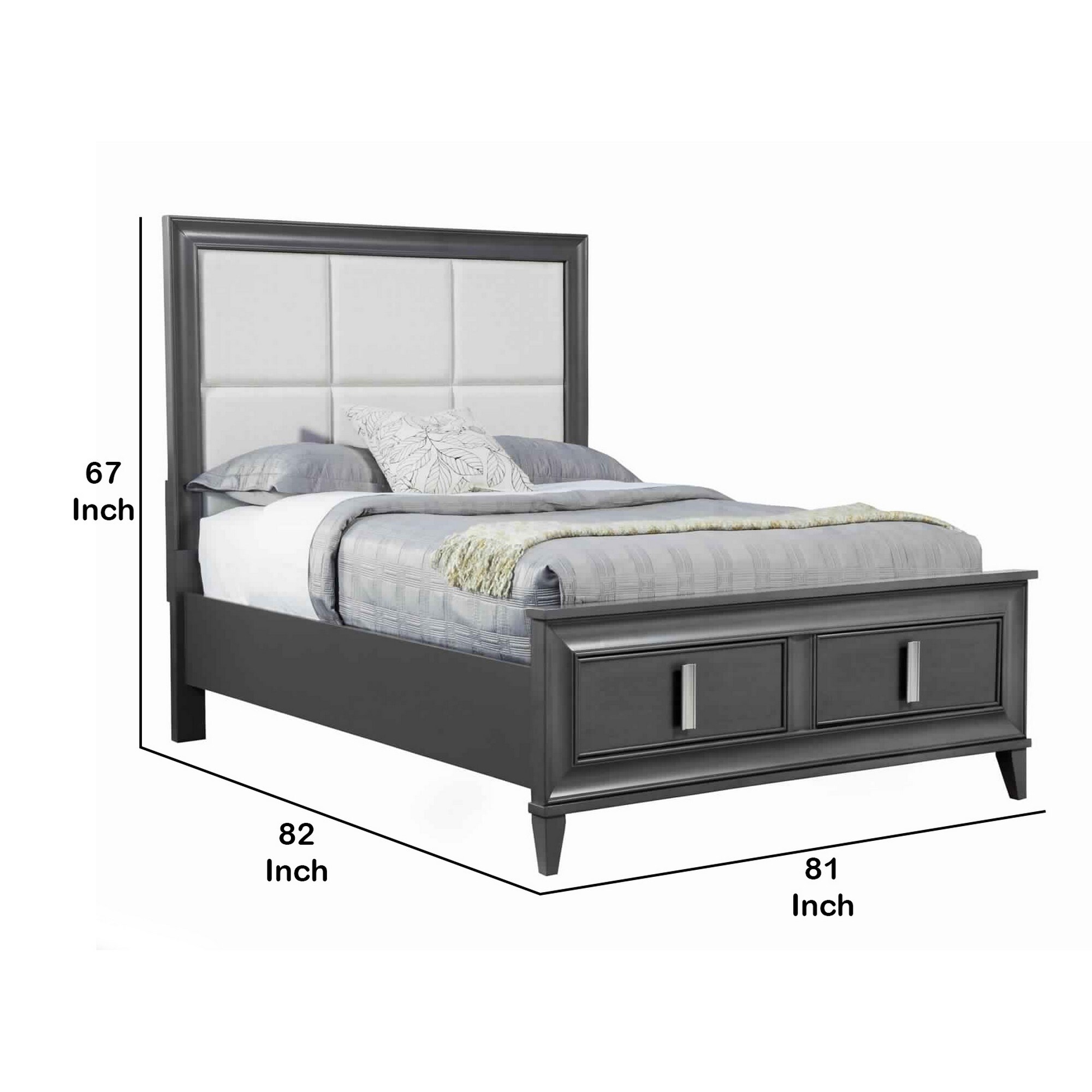 Transitional Standard King Storage Bed with Fabric Headboard, Gray and Cream
