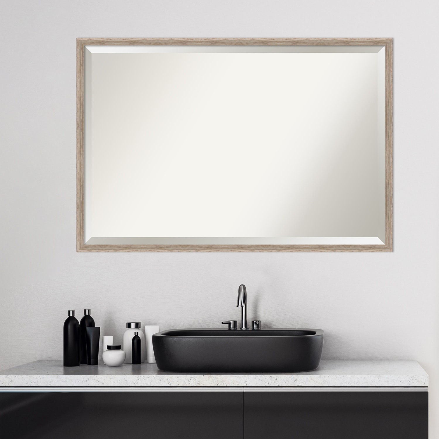 Beveled Wood Bathroom Wall Mirror - Hardwood Wedge Whitewash Frame - Hardwood Wedge White Wash