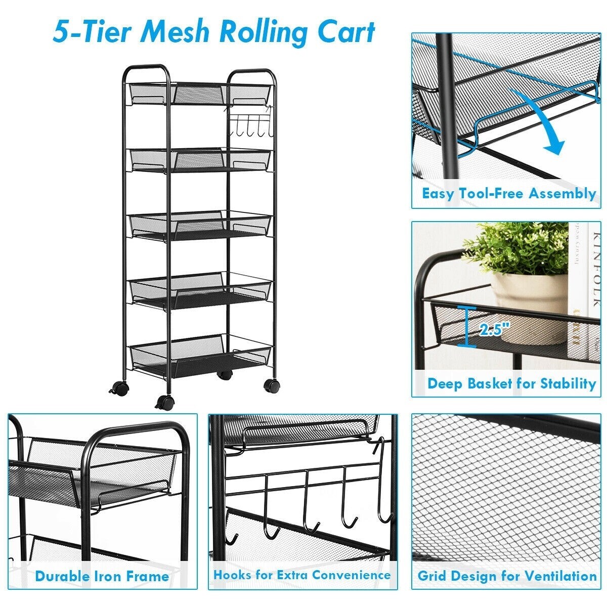 5 Tier Mesh Rolling File Utility Cart Storage Basket - 17" x 10" x 41'' (L x W x H) - Black